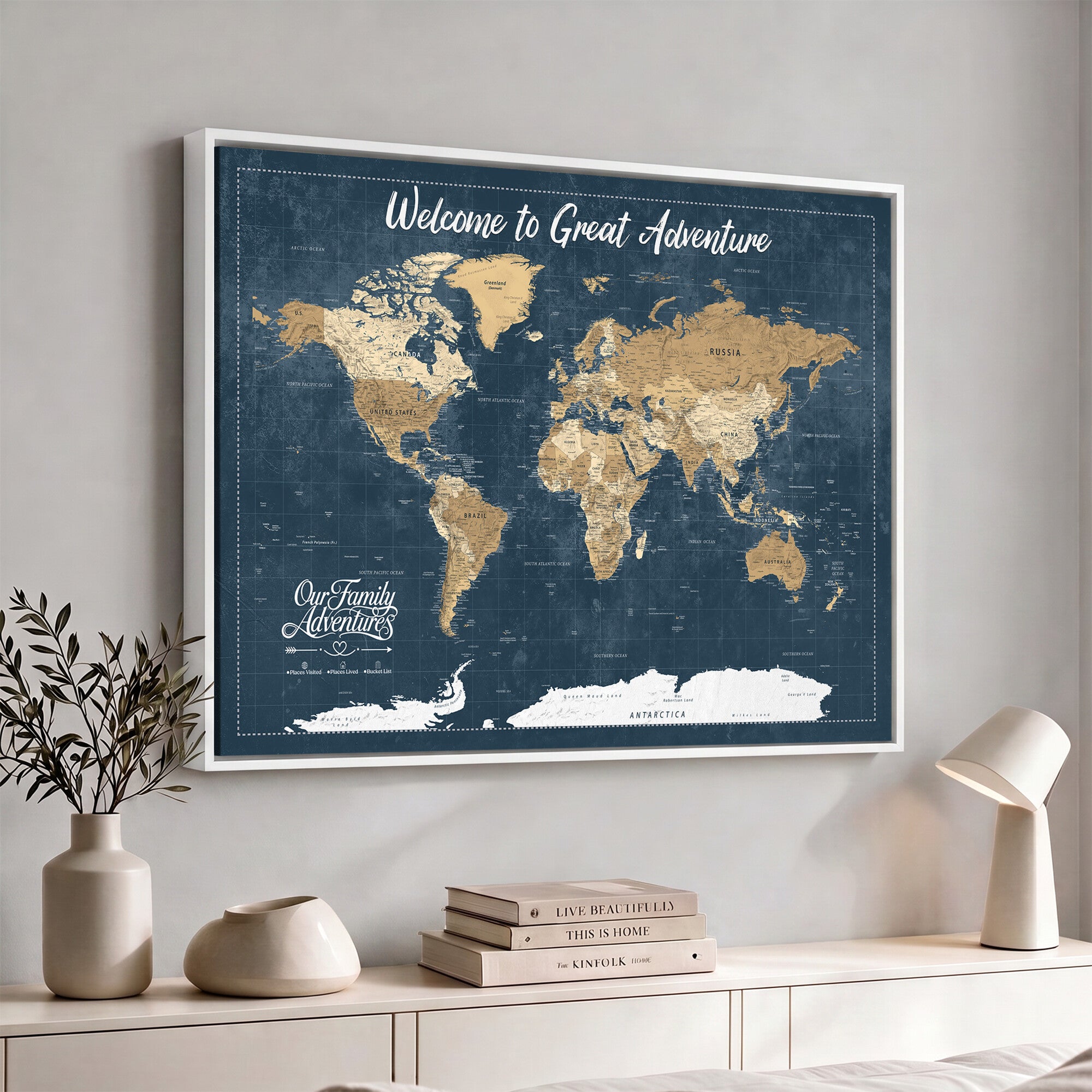86877844-MGV-CV-36X24 - Our Family Adventures Push Pin World Map Wall Art Canvas Print - Family Travel Tracker Map with Pins