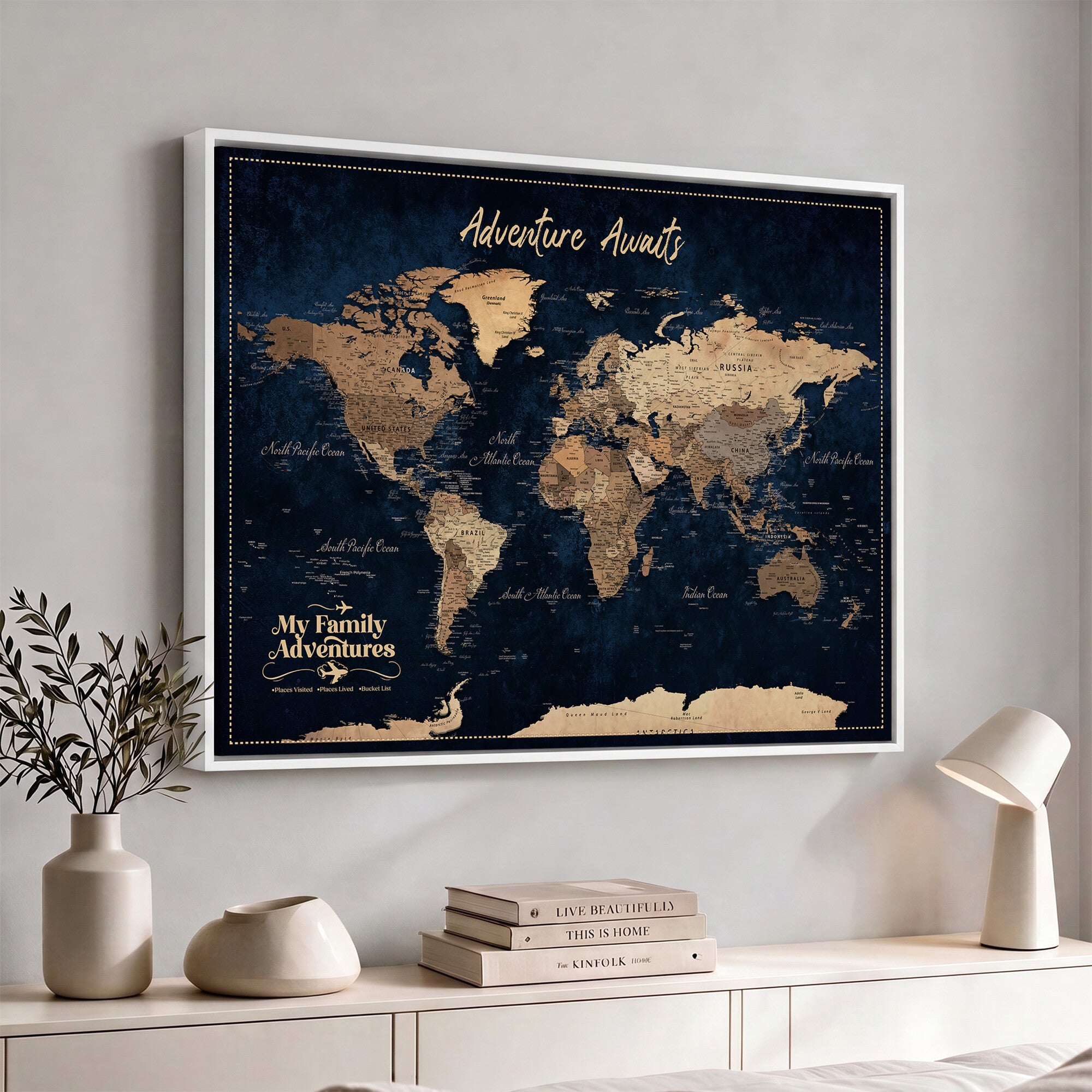 82827666-MGV-CV-36X24 - Our Family Adventures Push Pin World Map Wall Art Canvas Print - Family Travel Tracker Map with Pins