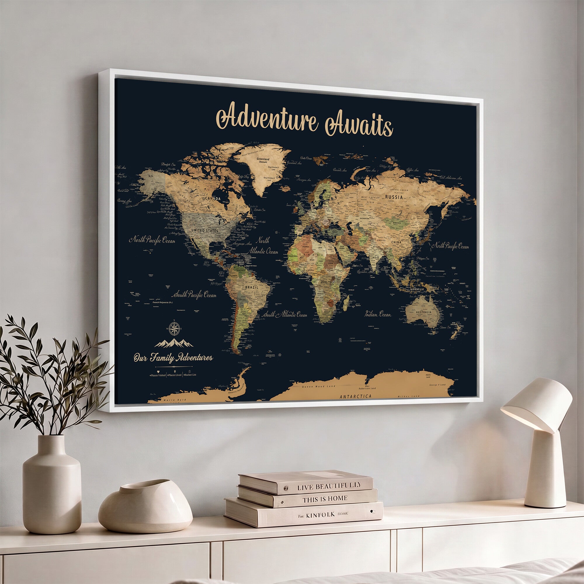 88994085-MGV-CV-36X24 - Our Family Adventures Push Pin World Map Wall Art Canvas Print - Family Travel Tracker Map with Pins