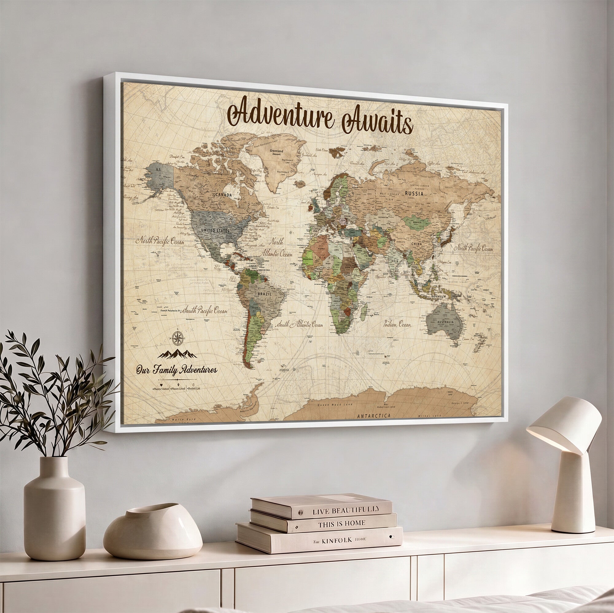 12264959-MGV-CV-36X24 - Our Family Adventures Push Pin World Map Wall Art Canvas Print - Family Travel Tracker Map with Pins