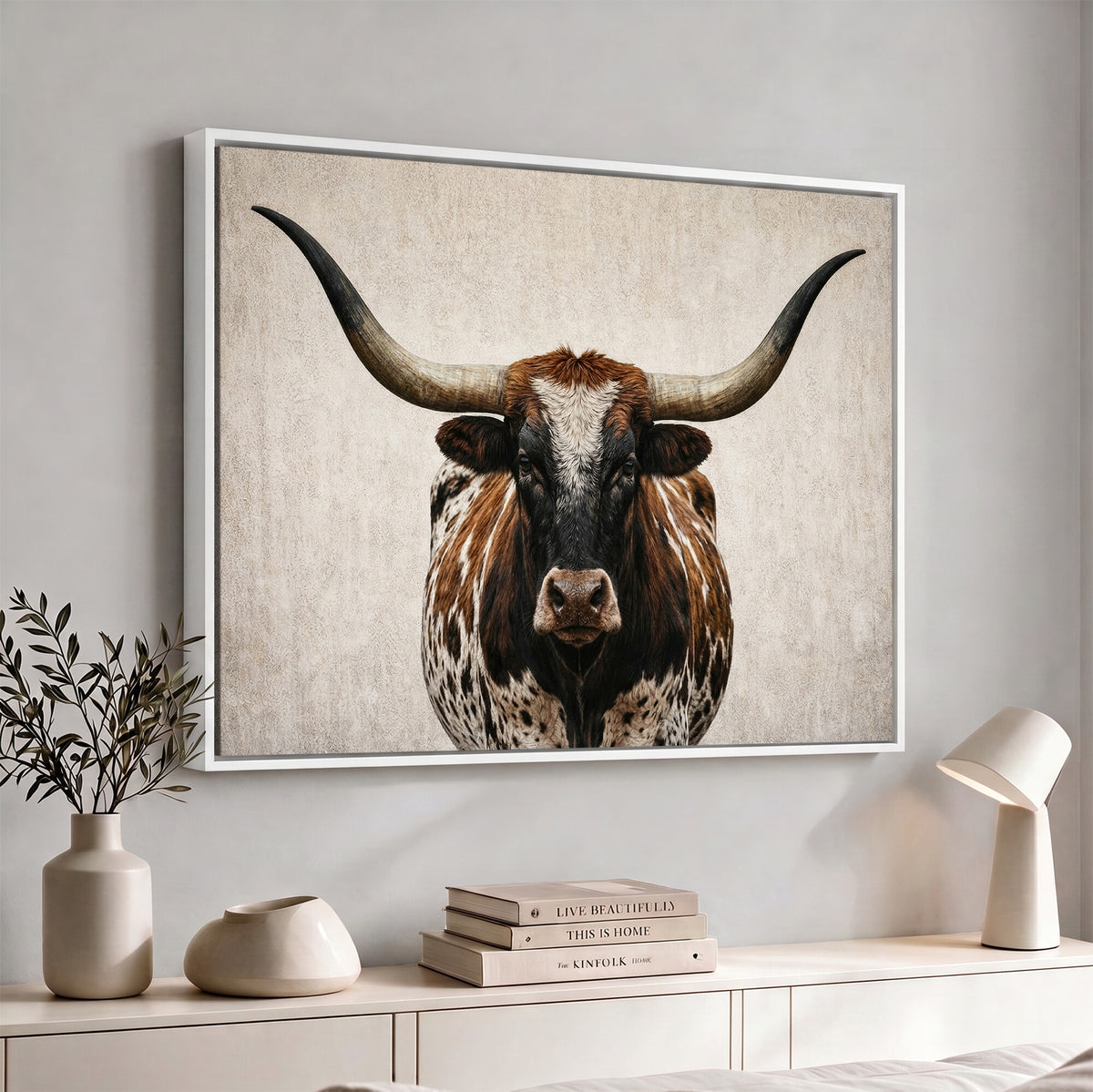58622065-MGV-CV-36X24 - Texas Longhorn Canvas Wall Art Western Bull Desert Moody Grey Overcast Rustic Farmhouse Framed Large for Living Room Bedroom Office Decor