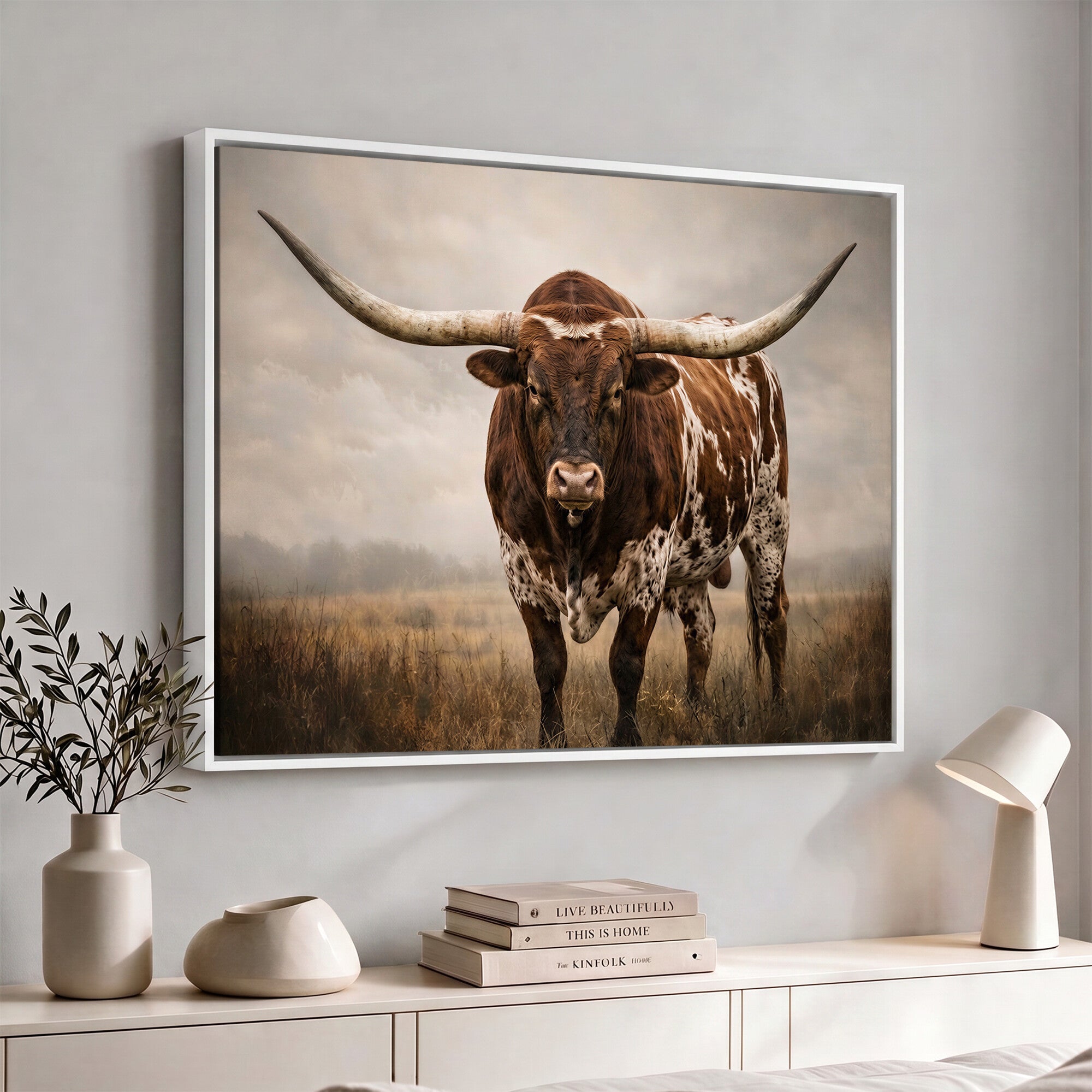 25239047A-MGV-CV-36X24 - Texas Longhorn Canvas Wall Art Western Bull Desert Moody Grey Overcast Rustic Farmhouse Framed Large for Living Room Bedroom Office Decor