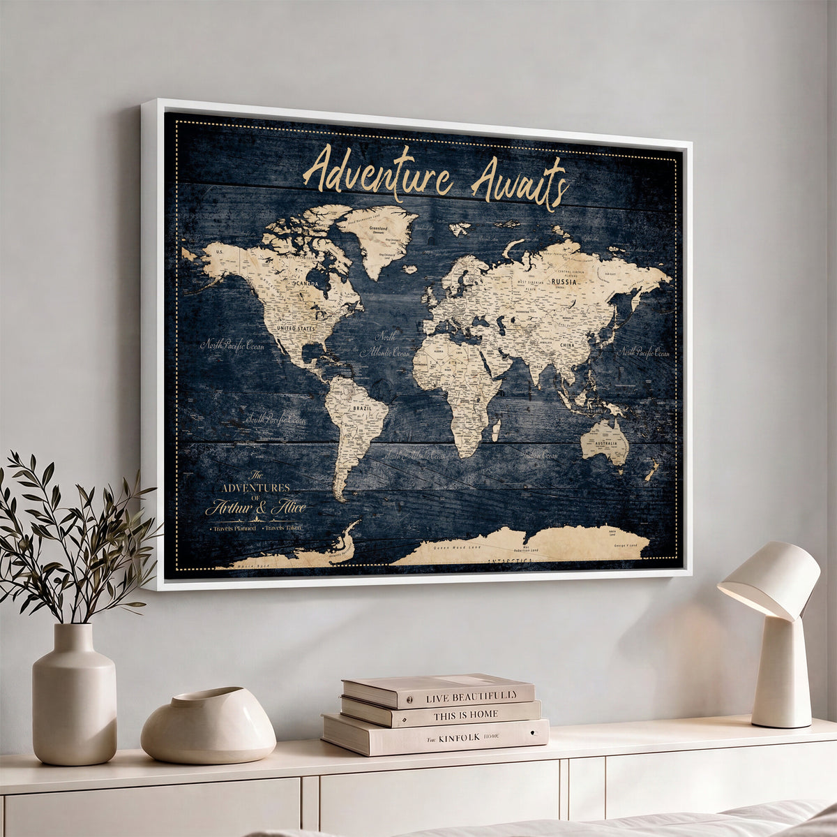 68817382-MGV-CV-36X24 - Extra Large Vintage Personalized Push Pin World Map Wall Art Canvas Print