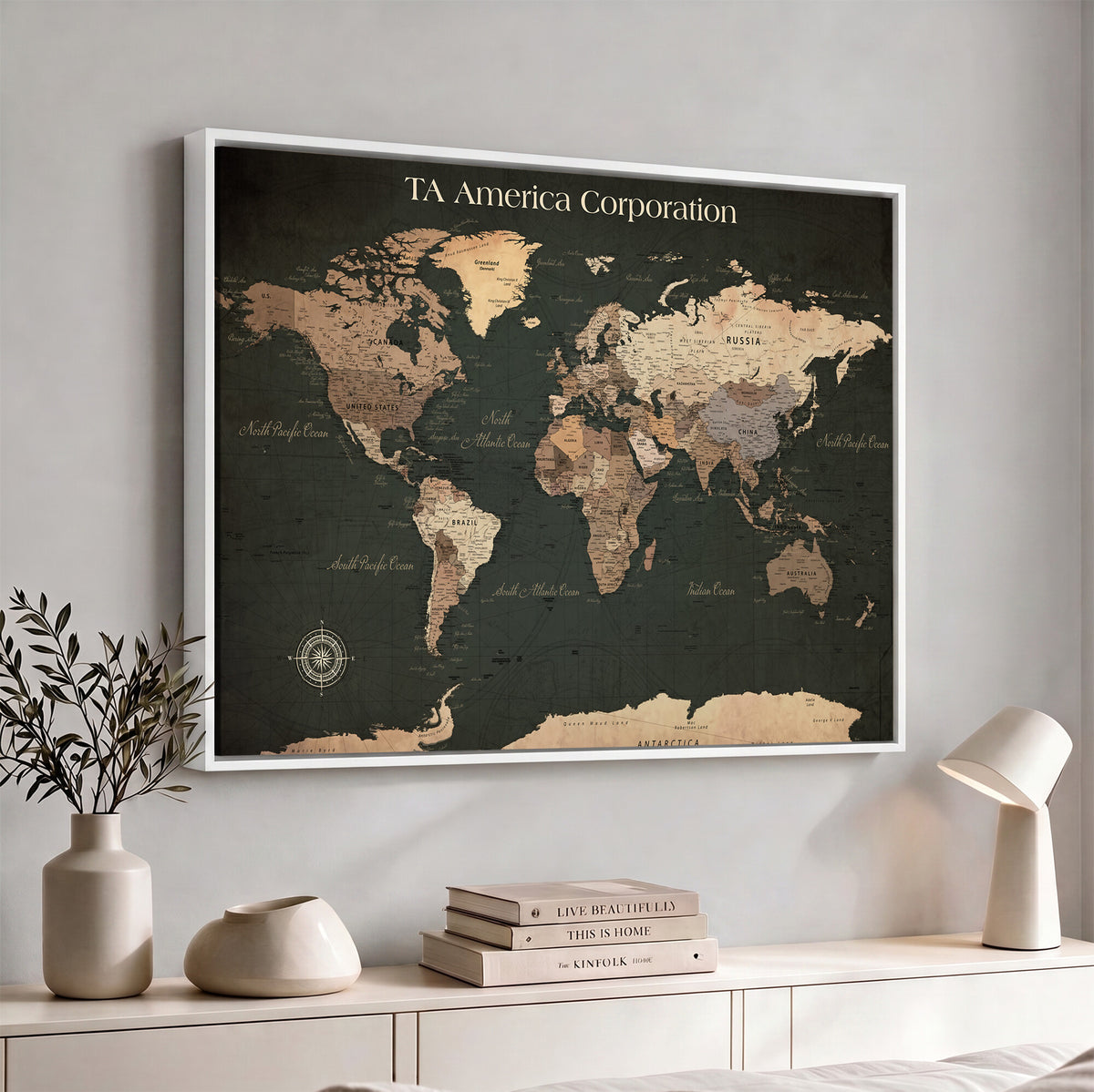55857205-MGV-CV-36X24 - Extra Large Framed Personalize Push Pin World Map Wall Art Canvas Print for Travel Tracking