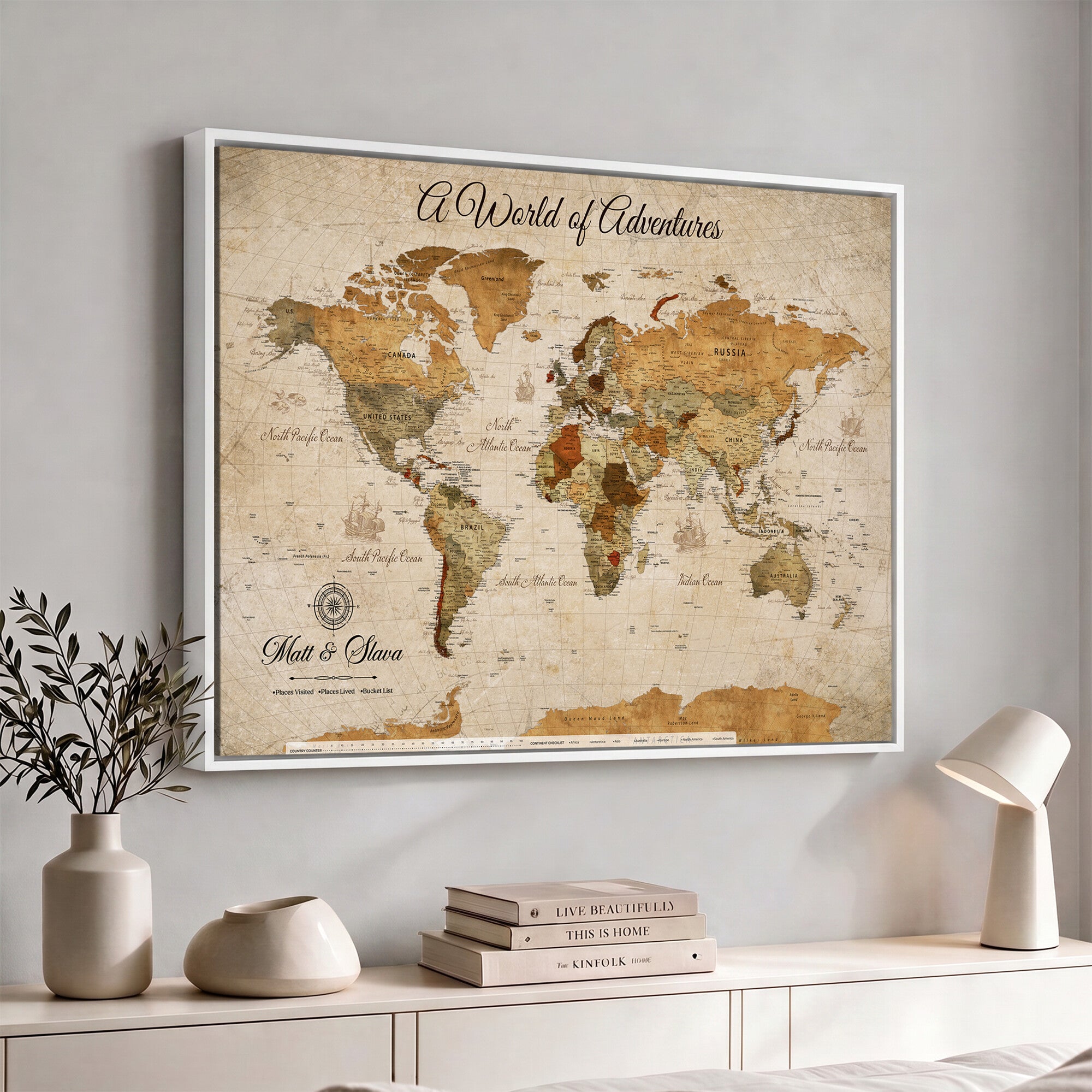 88768647-MGV-CV-36X24 - Extra Large Framed Personalize Push Pin World Map Wall Art Canvas Print for Travel Tracking