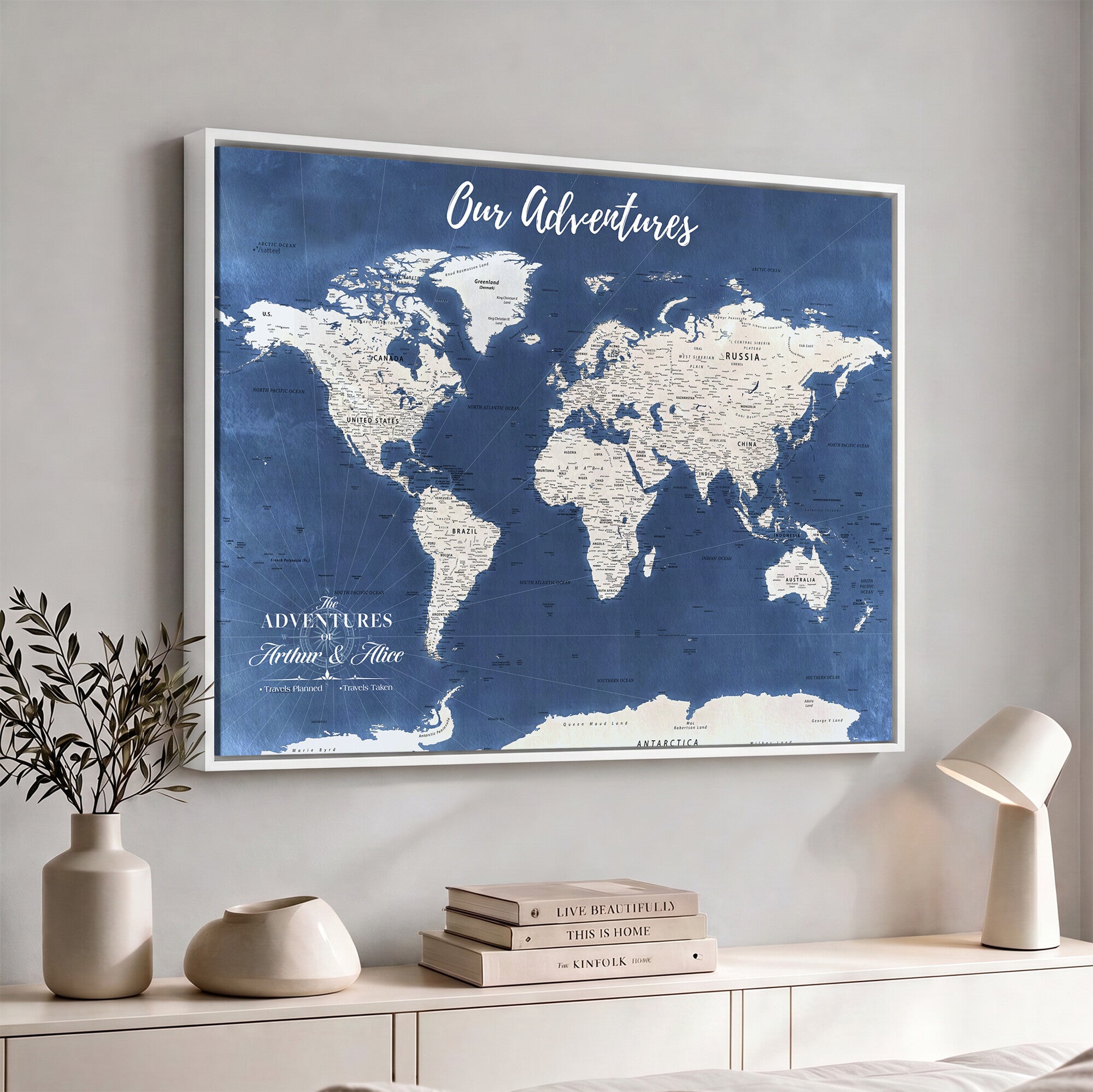 75405527-MGV-CV-36X24 - Extra Large Framed Personalize Push Pin World Map Wall Art Canvas Print for Travel Tracking