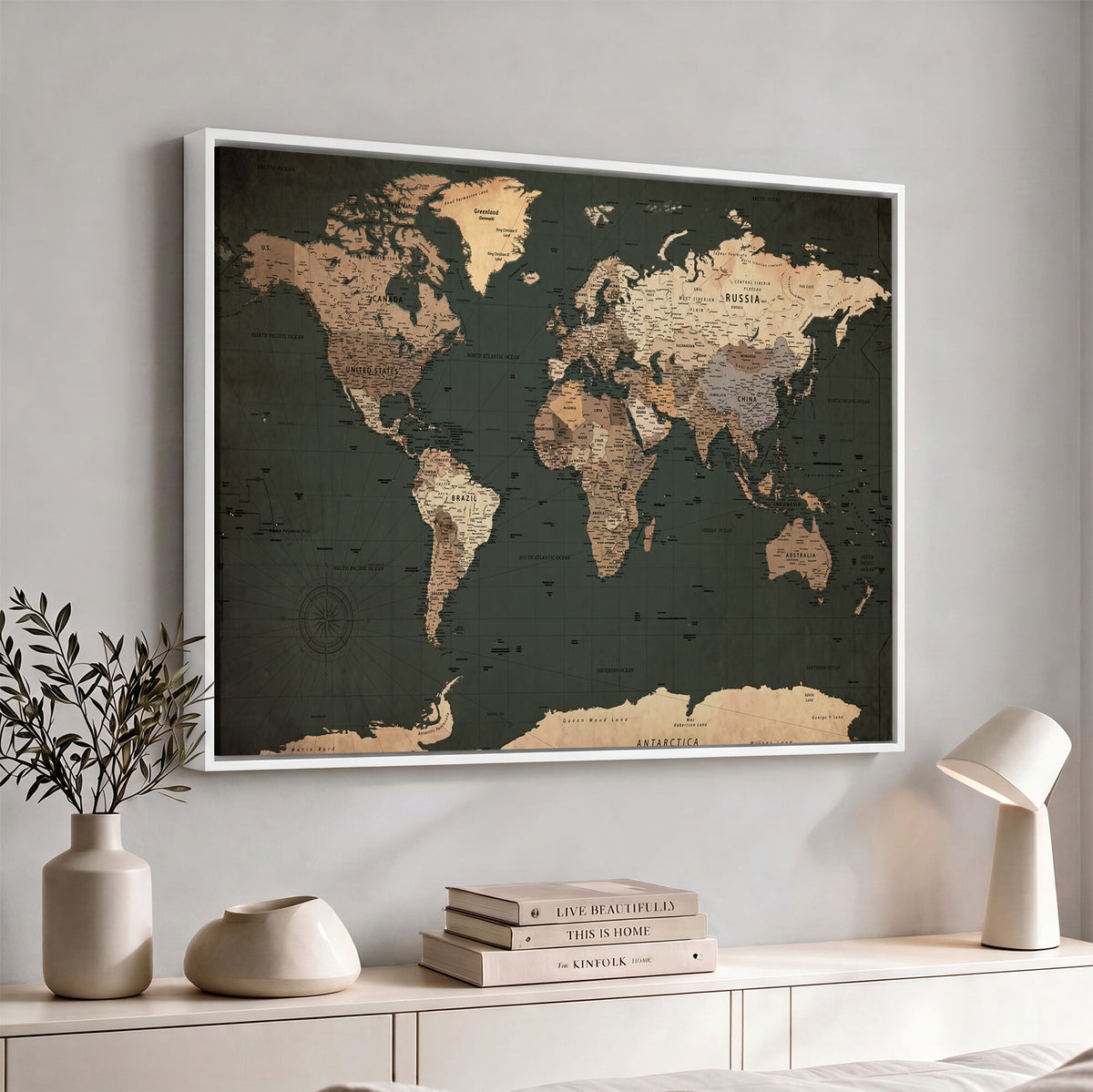 42327656-MGV-CV-36X24 - Extra Large Framed Personalize Push Pin World Map Wall Art Canvas Print for Travel Tracking