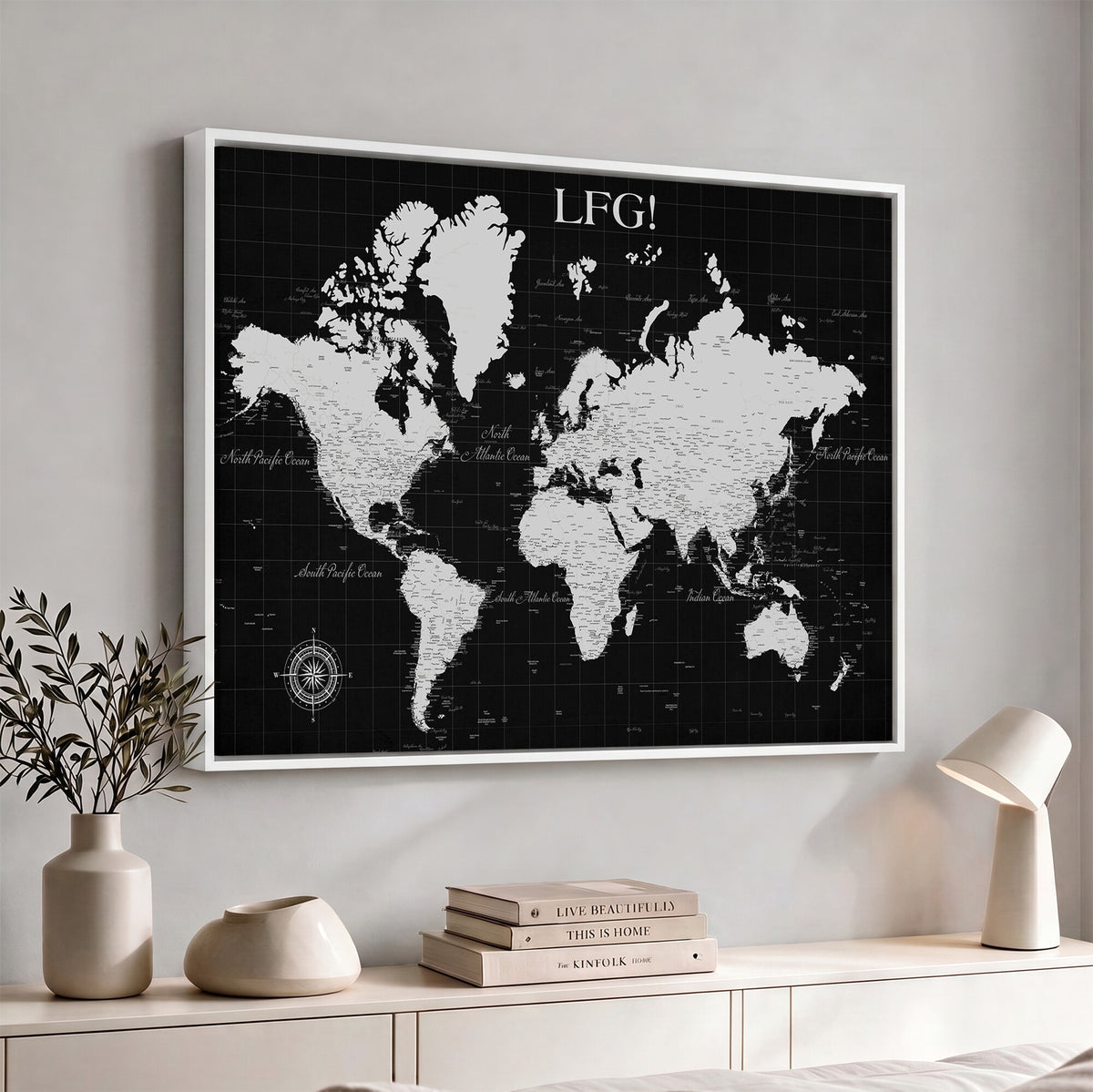 68209291-MGV-CV-36X24 - Extra Large Framed Personalize Push Pin World Map Wall Art Canvas Print for Travel Tracking