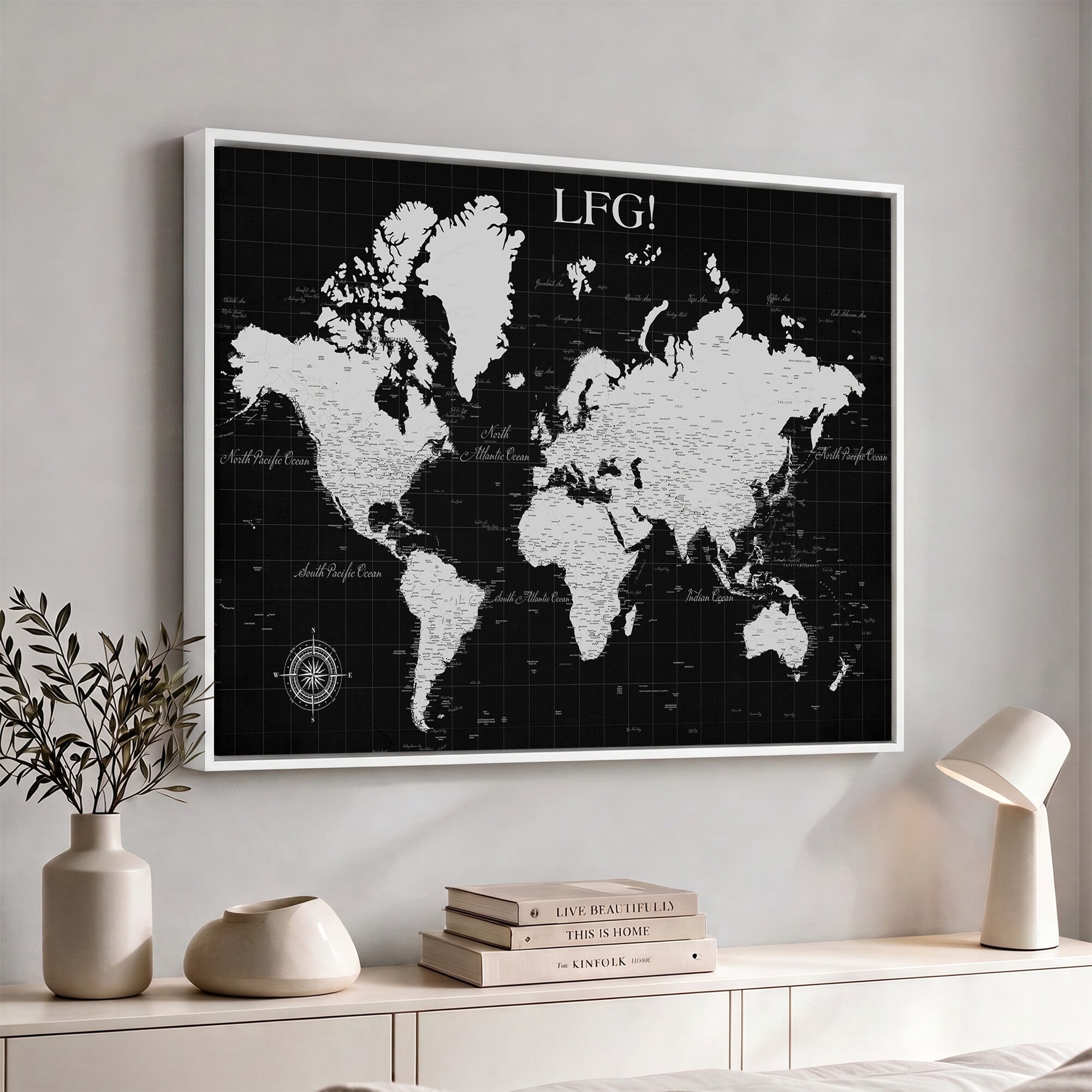 68209291-MGV-CV-36X24 - Extra Large Framed Personalize Push Pin World Map Wall Art Canvas Print for Travel Tracking