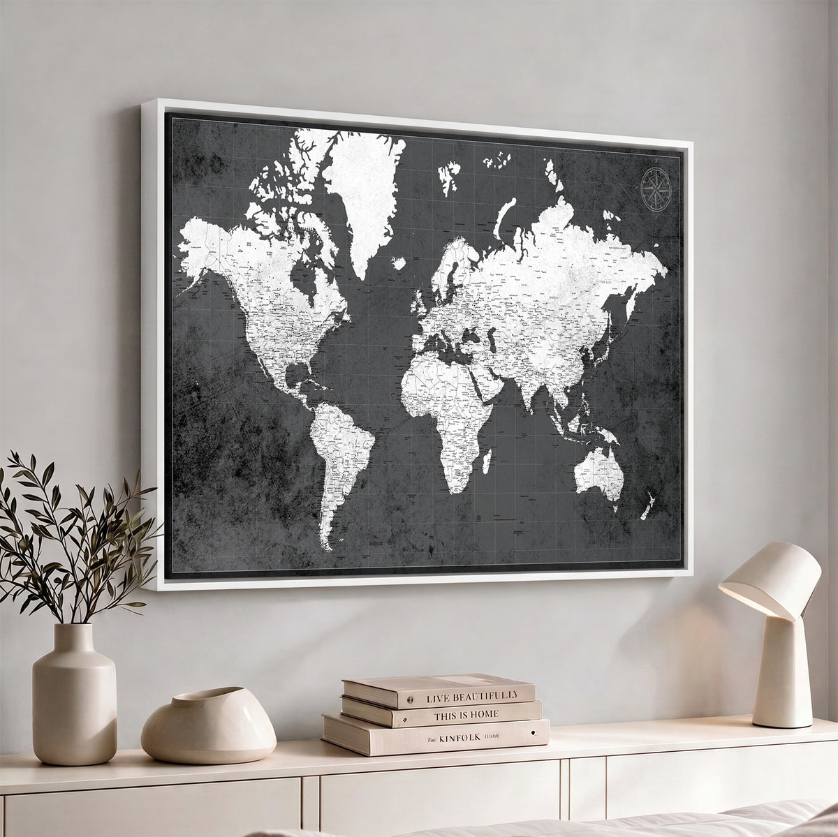 78574966-MGV-CV-36X24 - Extra Large Framed Personalize Push Pin World Map Wall Art Canvas Print for Travel Tracking