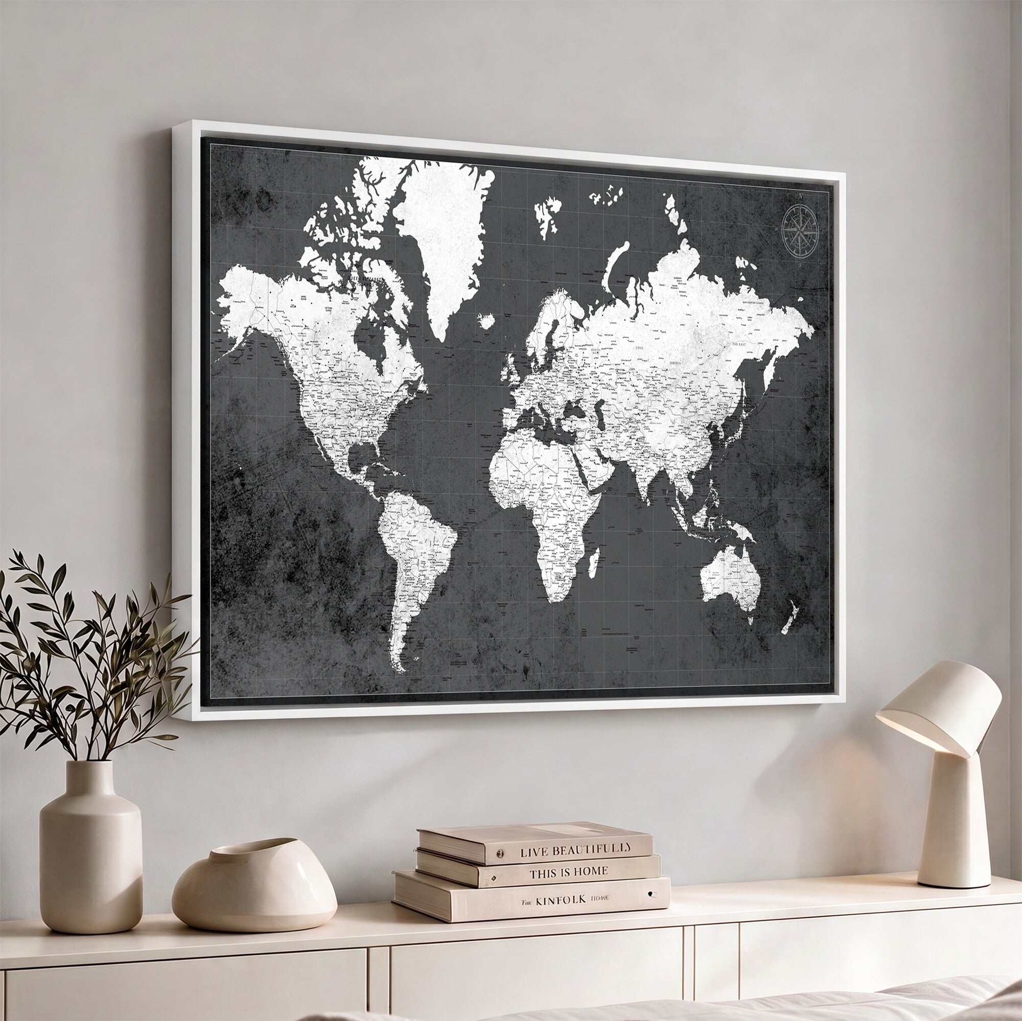78574966-MGV-CV-36X24 - Extra Large Framed Personalize Push Pin World Map Wall Art Canvas Print for Travel Tracking