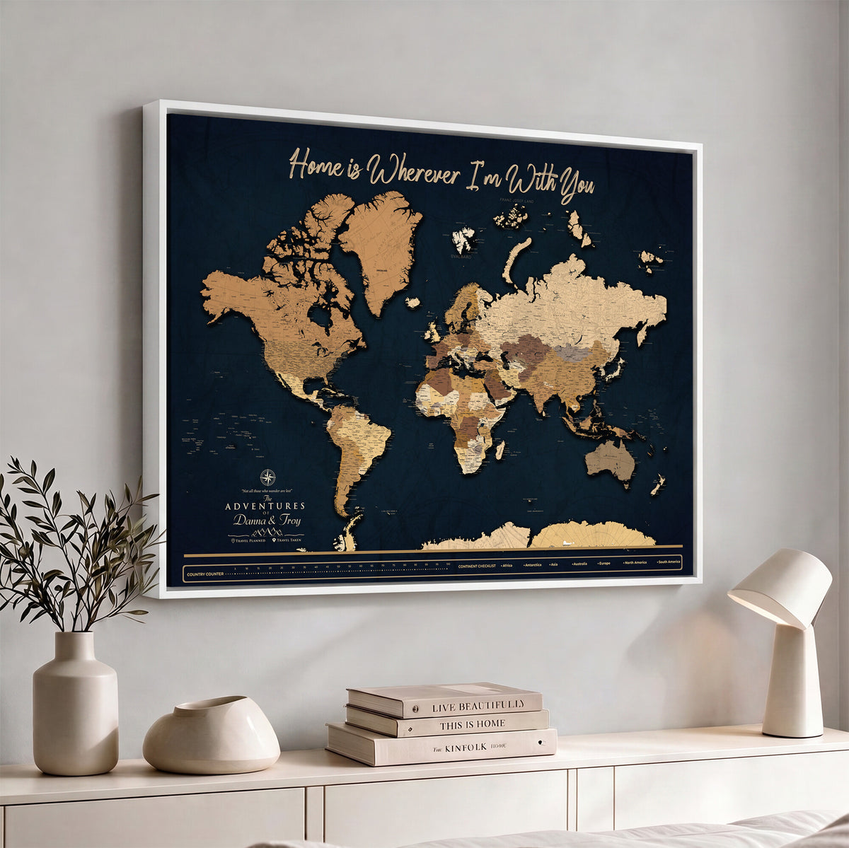 13903533-MGV-CV-36X24 - Extra Large Framed Personalize Push Pin World Map Wall Art Canvas Print for Travel Tracking
