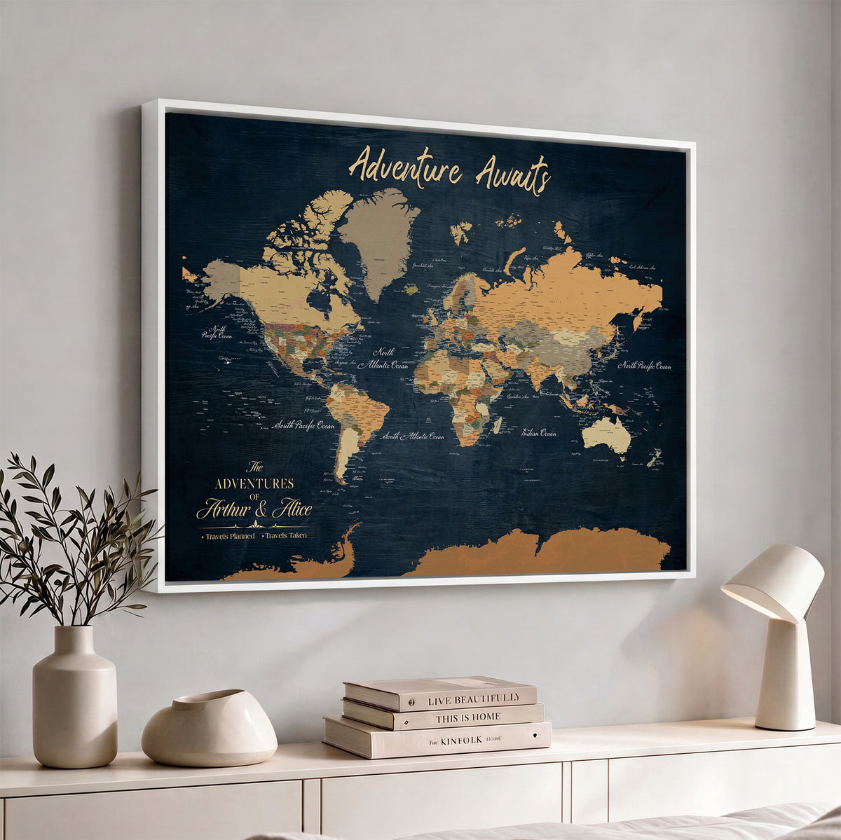13350960-MGV-CV-36X24 - Extra Large Framed Personalize Push Pin World Map Wall Art Canvas Print for Travel Tracking