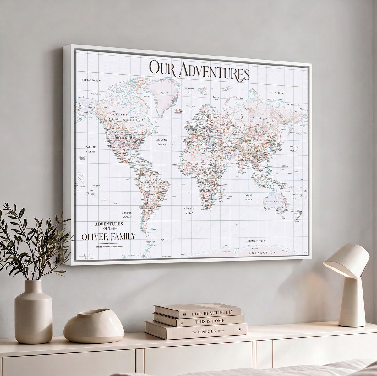18074626D3DD-MGV-CV-36X24 - Extra Large Framed Personalize Push Pin World Map Wall Art Canvas Print for Travel Tracking NEWMAP - 015