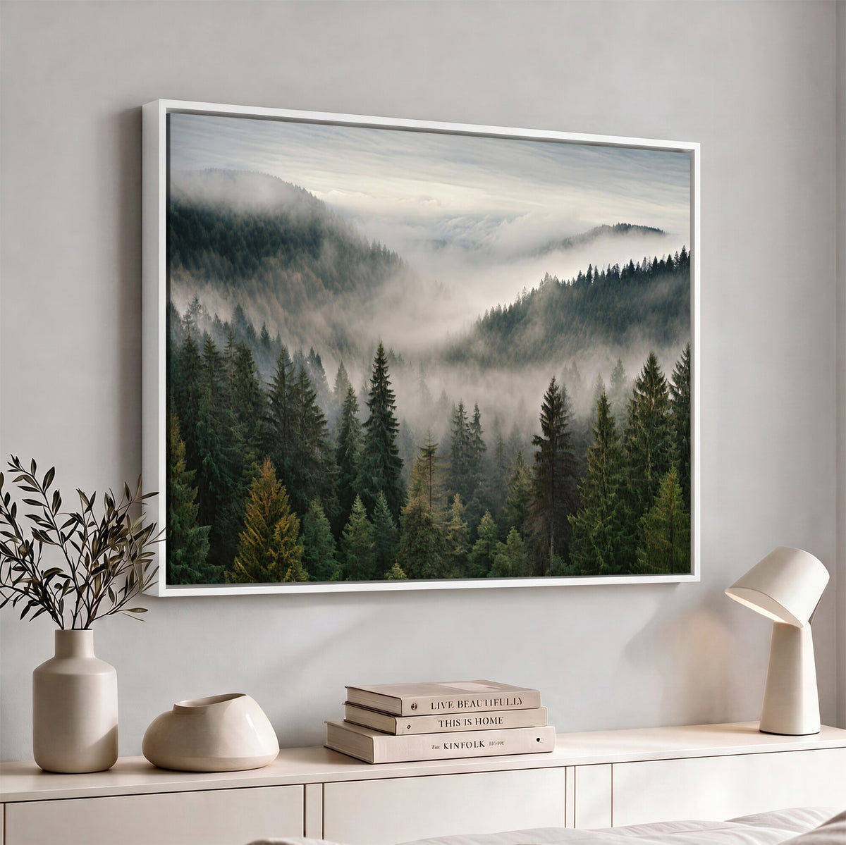 38409495-_Poster-30x20 - Misty Pine Valley Mountain Canvas Print 3 Piece Framed Wall Art Extra Large Floating Frame Nature Poster Made in USA
