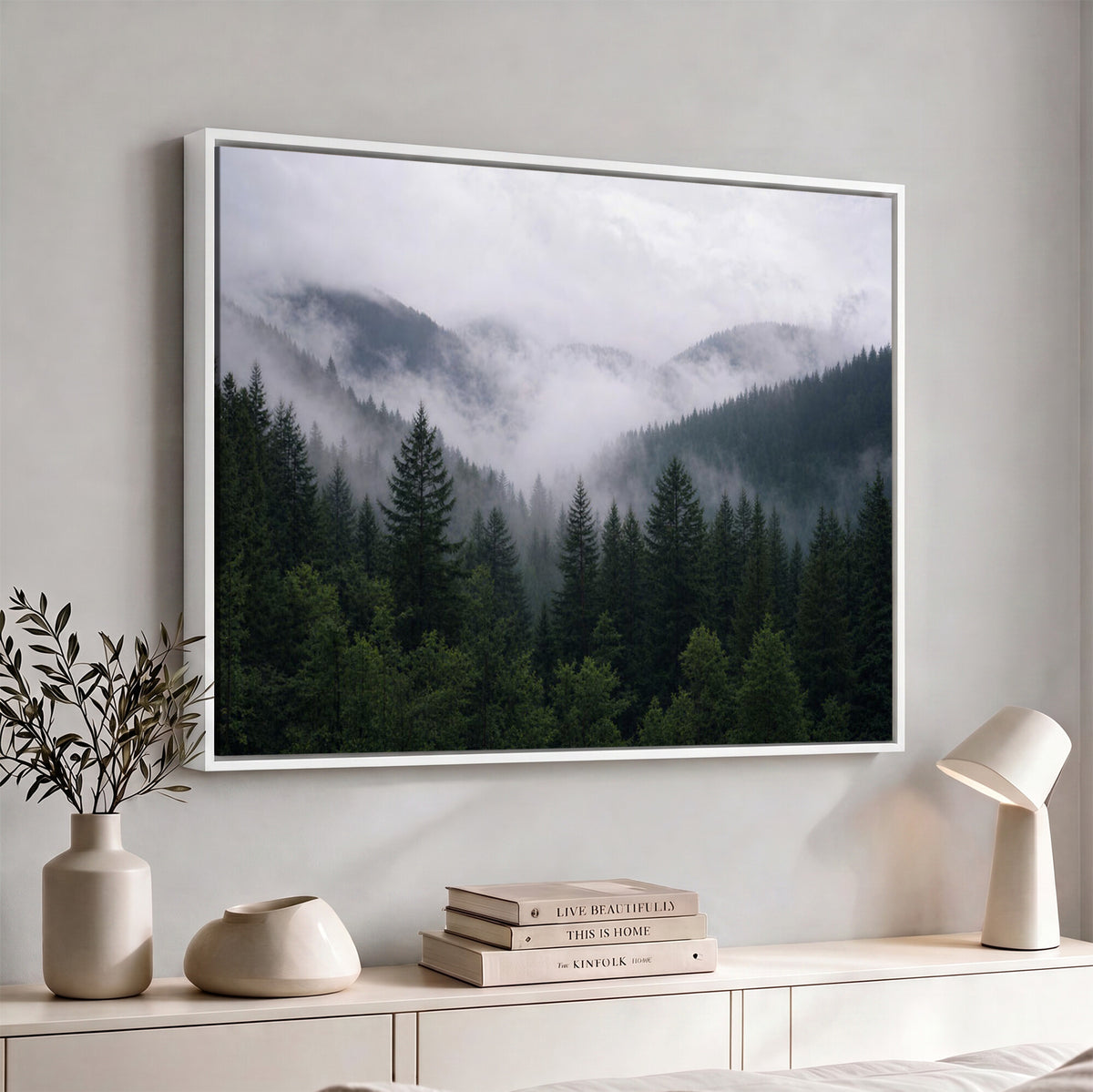 25432119-_Poster-30x20 - Misty Mountain Pine Forest Canvas Print 3 Piece Framed Wall Art Extra Large Floating Frame Nature Poster Made in USA