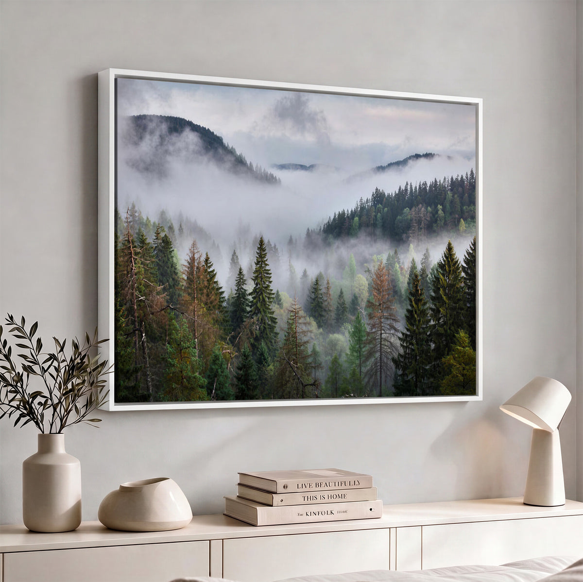 18735847-_Poster-30x20 - Foggy Pine Forest Mountain Canvas Print 3 Piece Framed Wall Art Extra Large Floating Frame Nature Poster Made in USA