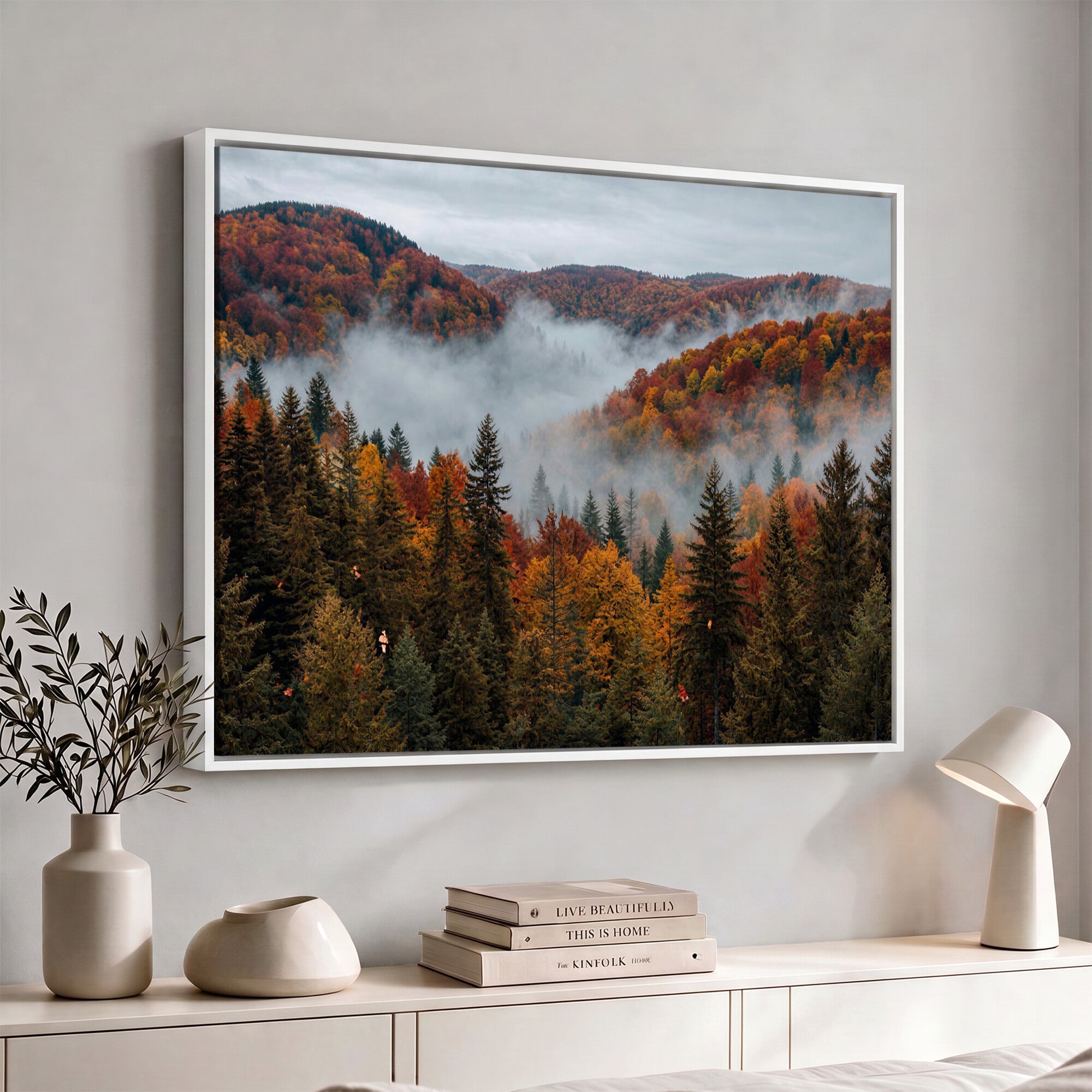 26686263-_Poster-30x20 - Misty Autumn Forest Mountain Canvas Print 3 Panel Wall Art Gallery Wrapped Floating Frame Poster Made in USA