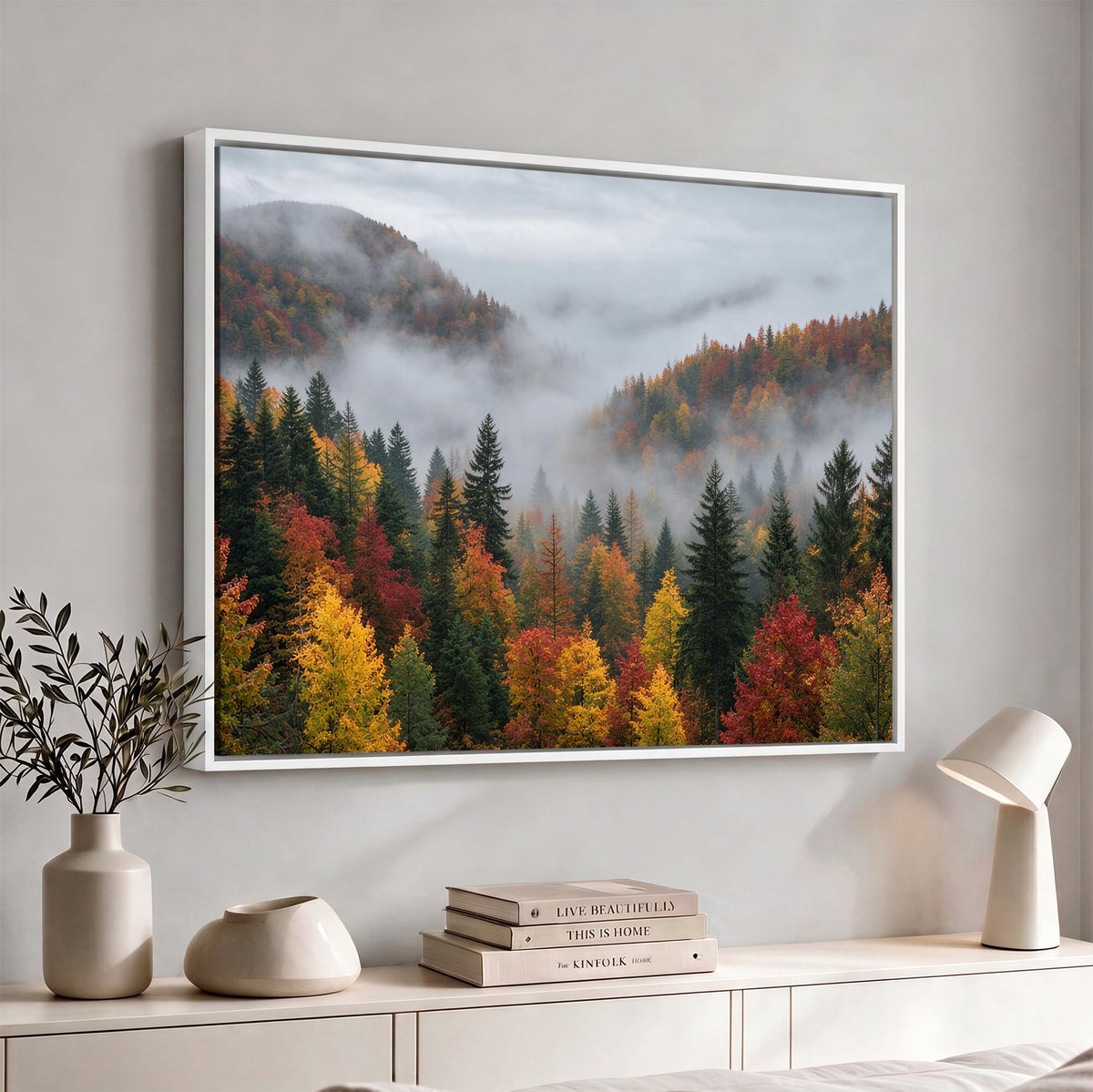 47877083-_Poster-30x20 - Fall Forest Misty Mountain Canvas Print Smoky Mountain Landscape Wall Art Autumn Trees Nature Poster Printing