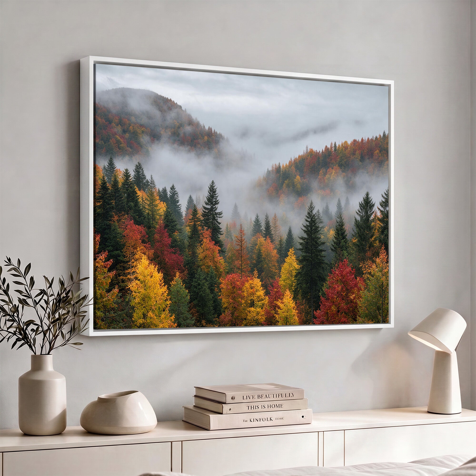 47877083-_Poster-30x20 - Fall Forest Misty Mountain Canvas Print Smoky Mountain Landscape Wall Art Autumn Trees Nature Poster Printing
