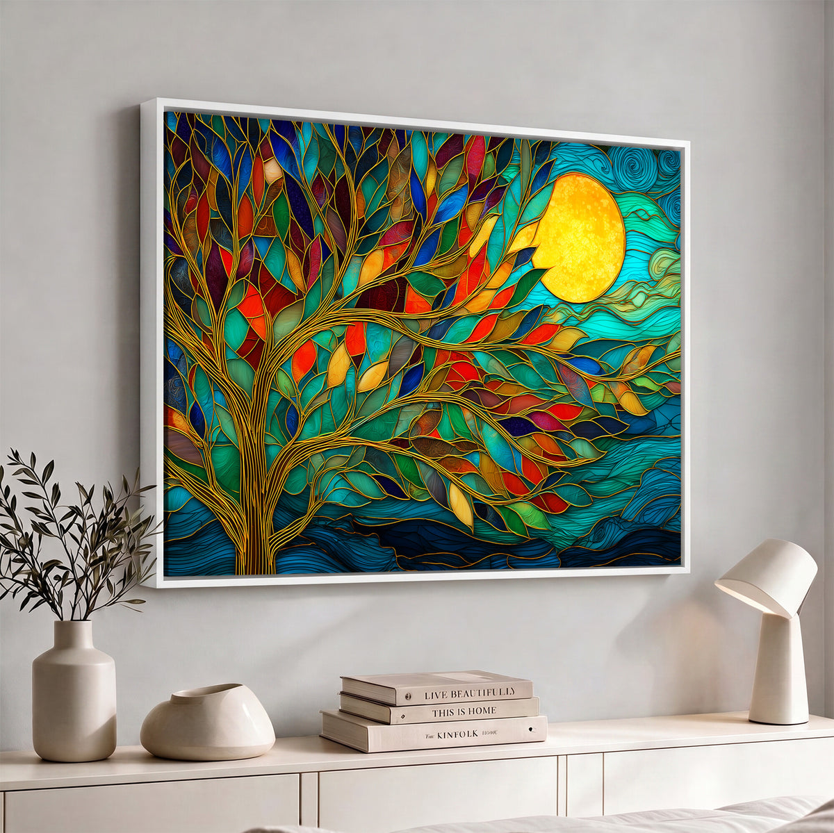 11877152-MGV-CV-36X24 - Stained Glass Tree Of Life Wall Art - Vibrant Mosaic Nature Home Decor