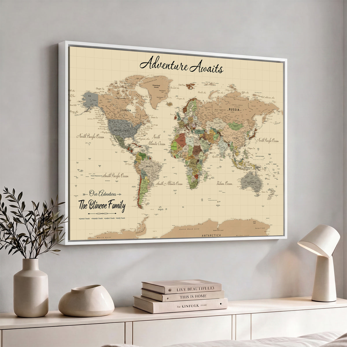 25730261D-MGV-CV-36X24 - Custom Push Pin World Map Wall Art Canvas Print | Personalized Travel Tracker with Pins Framed Large for Home and Office Decor