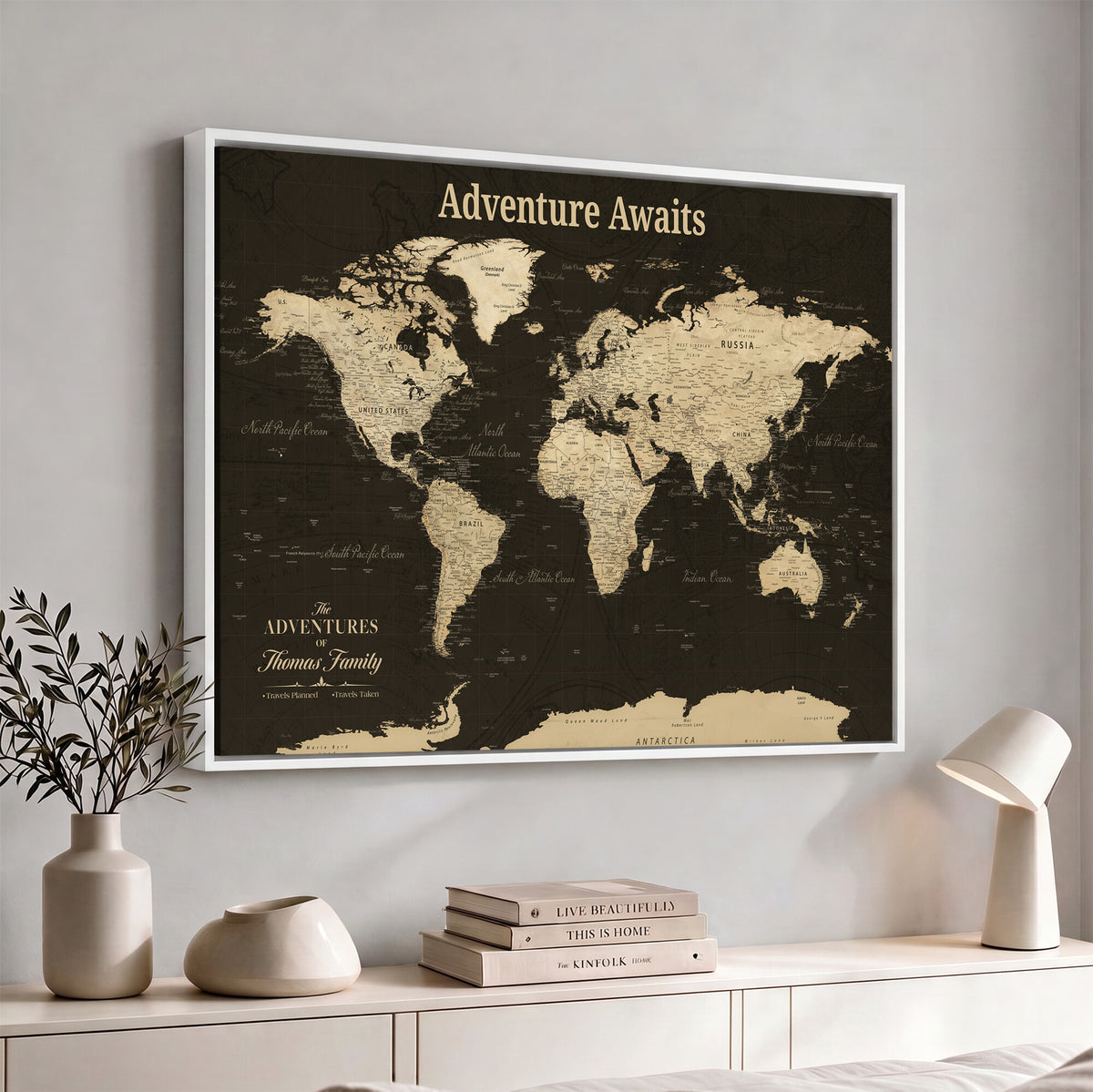 47597338D-MGV-CV-36X24 - Custom Push Pin World Map Wall Art Canvas Print | Personalized Travel Tracker with Pins Framed Large for Home and Office Decor