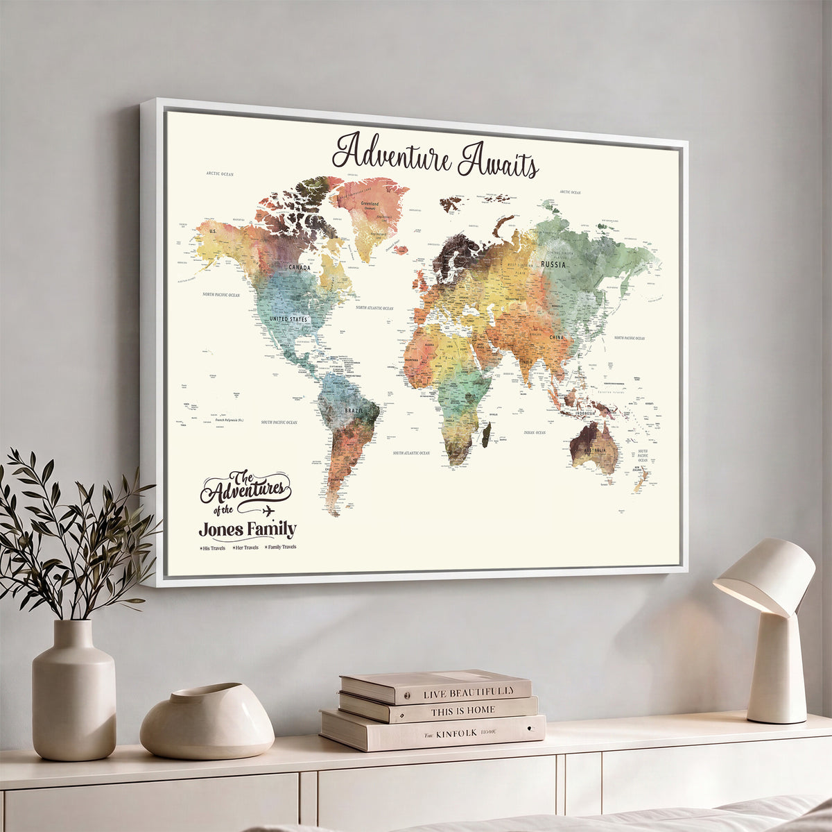 NEWMAP-7D-MGV-CV-36X24 - Custom Push Pin World Map Wall Art Canvas Print | Personalized Travel Tracker - NEWMAP-7