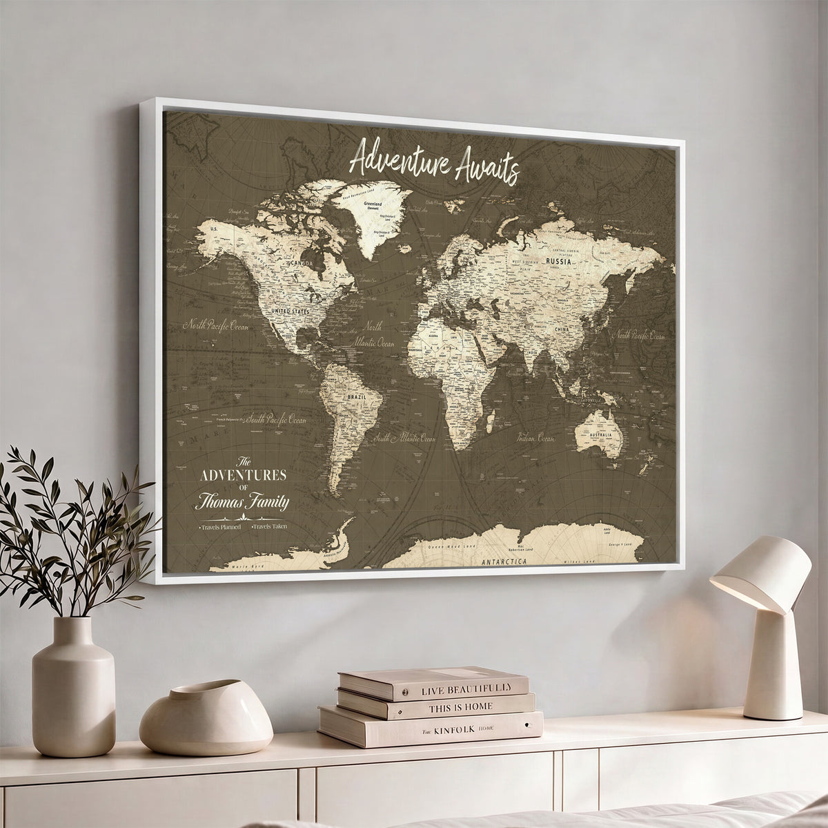 27762875D-MGV-CV-36X24 - Custom Push Pin World Map Wall Art Canvas Print | Personalized Travel Tracker with Pins Framed Large for Home and Office Decor
