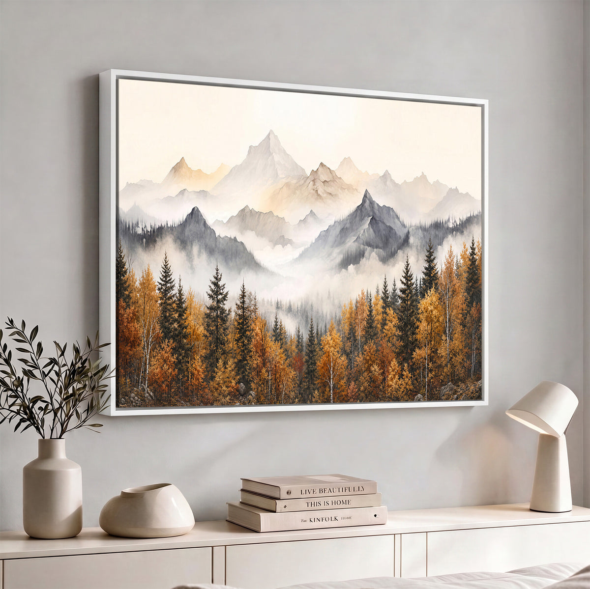 19544118-MGV-TP-30X20 - Misty Mountain Autumn Forest Canvas Wall Art - Watercolor Fall Nature Landscape Print