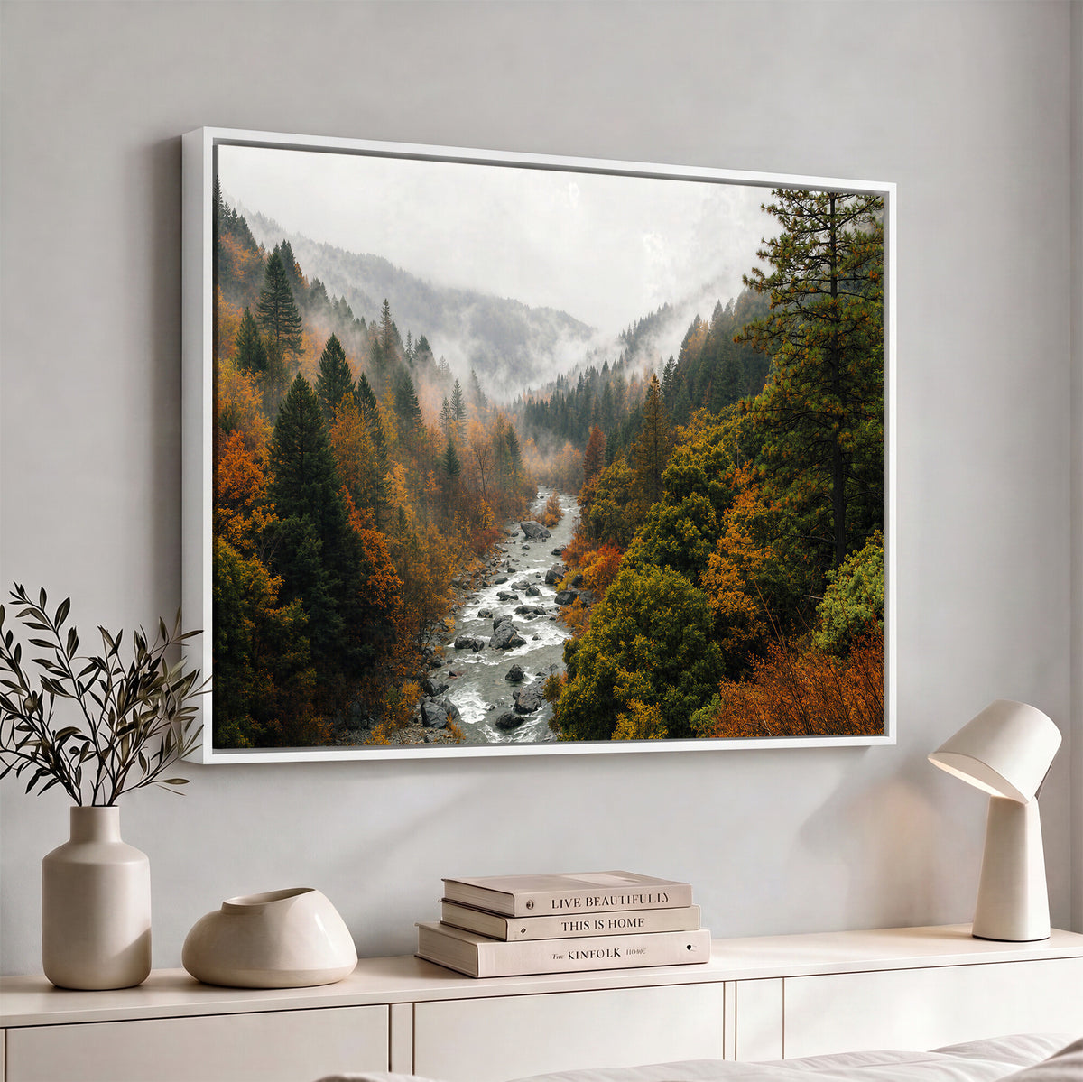 95540697-MGV-TP-30X20 - Misty River Mountain Valley Canvas Wall Art - Autumn Forest Landscape Nature Print