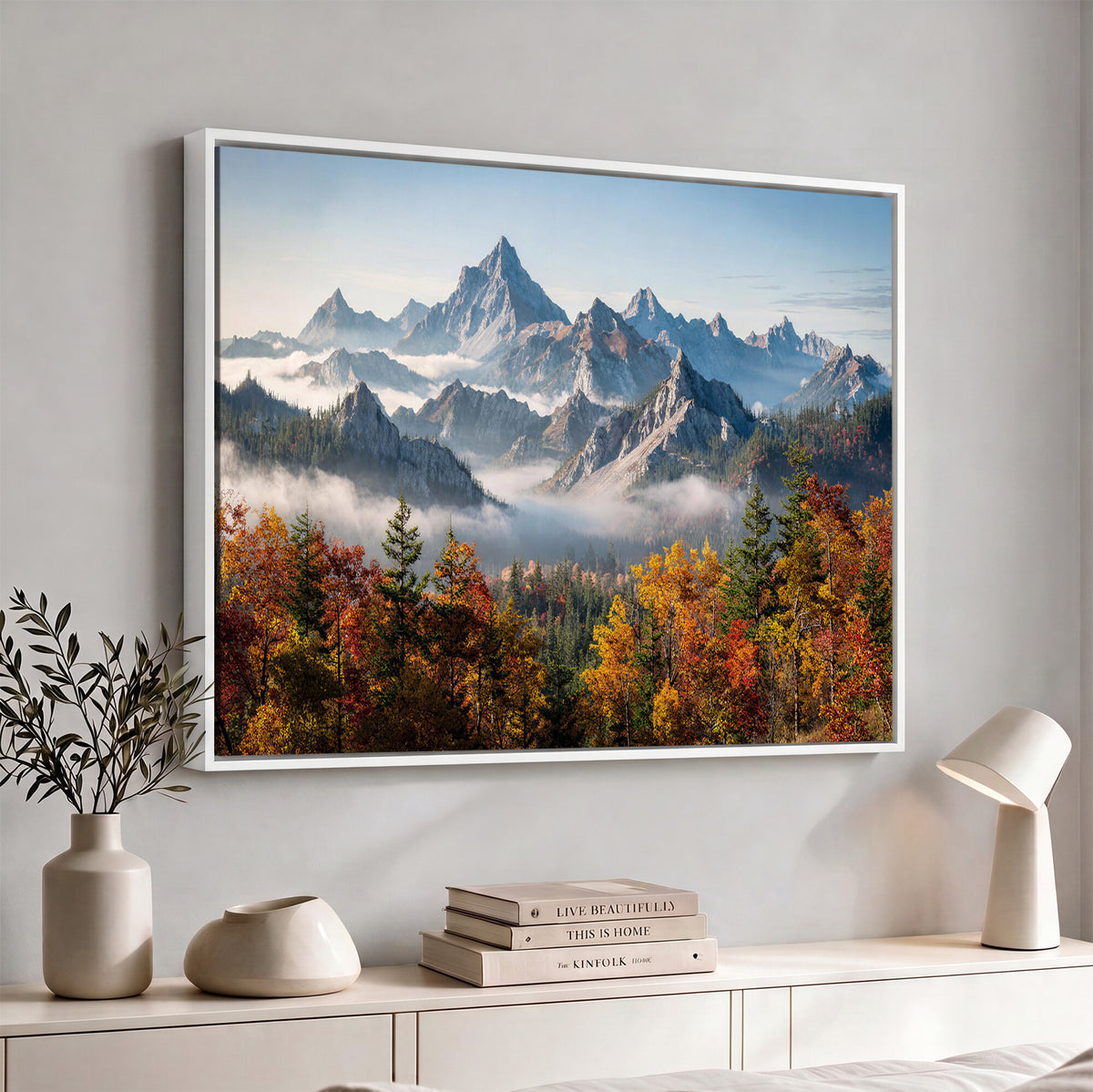 38847944-MGV-TP-30X20 - Majestic Mountain Peak Canvas Wall Art - Panoramic Autumn Forest Fog Landscape Print