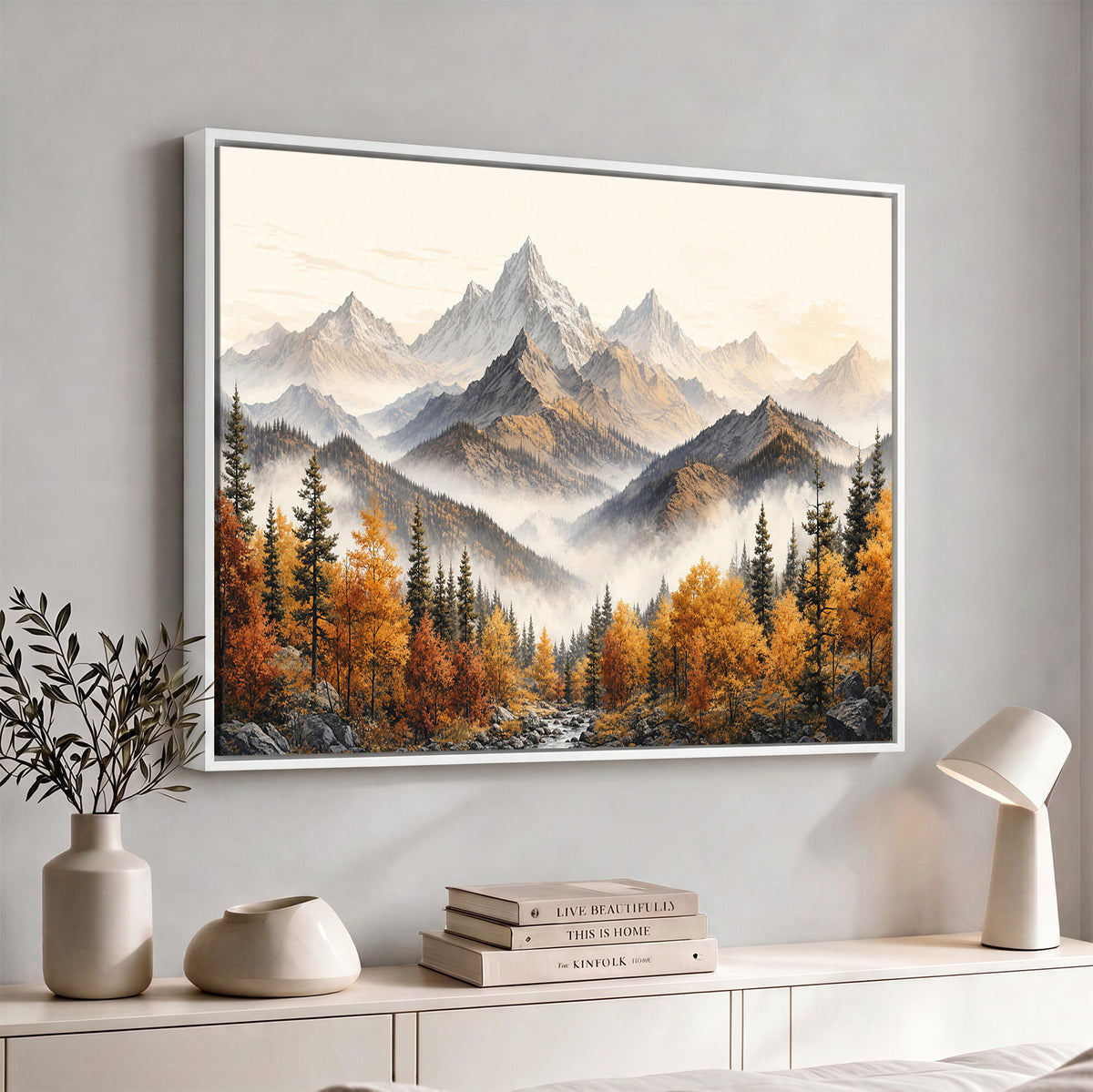 21309099-MGV-TP-30X20 - Extra Large Misty Mountain Autumn Forest Canvas Wall Art - Watercolor Fall Nature Landscape Print