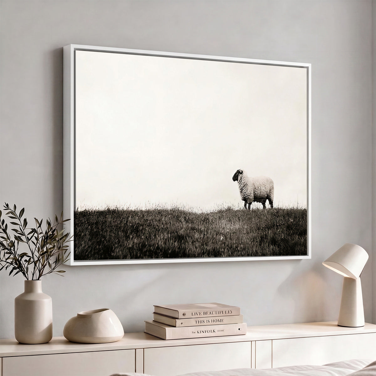 72749448-MGV-TP-30X20 - Minimalist Sepia Sheep Canvas Wall Art - Rustic Farmhouse Country Landscape Print