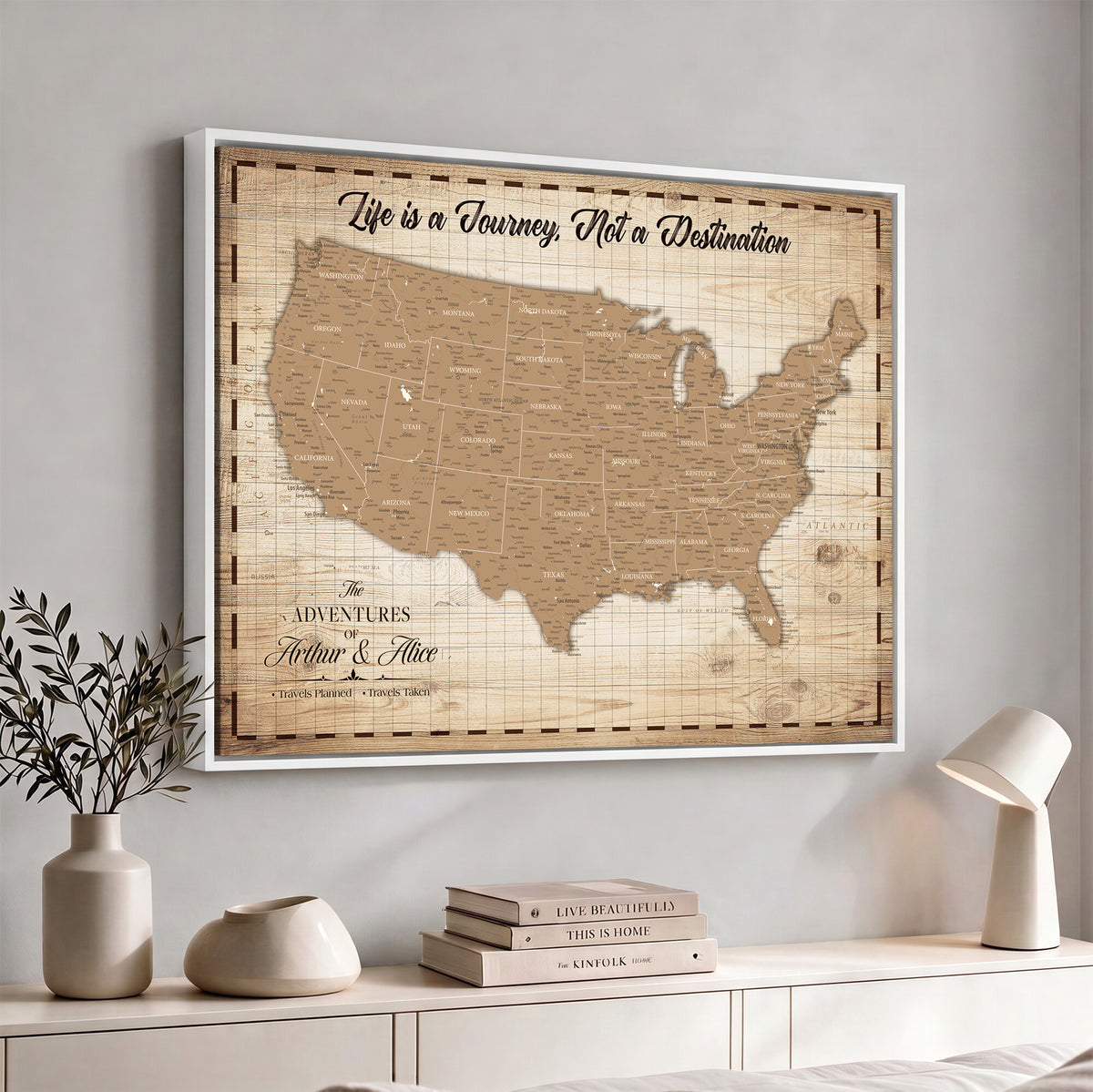 82934328-MGV-CV-36X24 - Custom USA Push Pin Travel Map Canvas Wall Art - Personalized Couples Gift Flat Digital Print