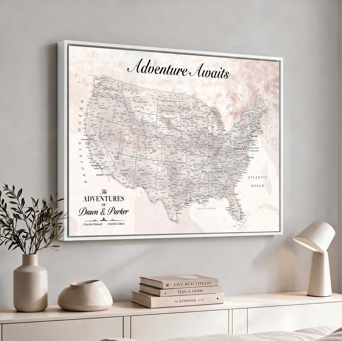 50687859-MGV-CV-36X24 - Custom USA Push Pin Travel Map Canvas Wall Art - Personalized Couples Gift Flat Digital Print