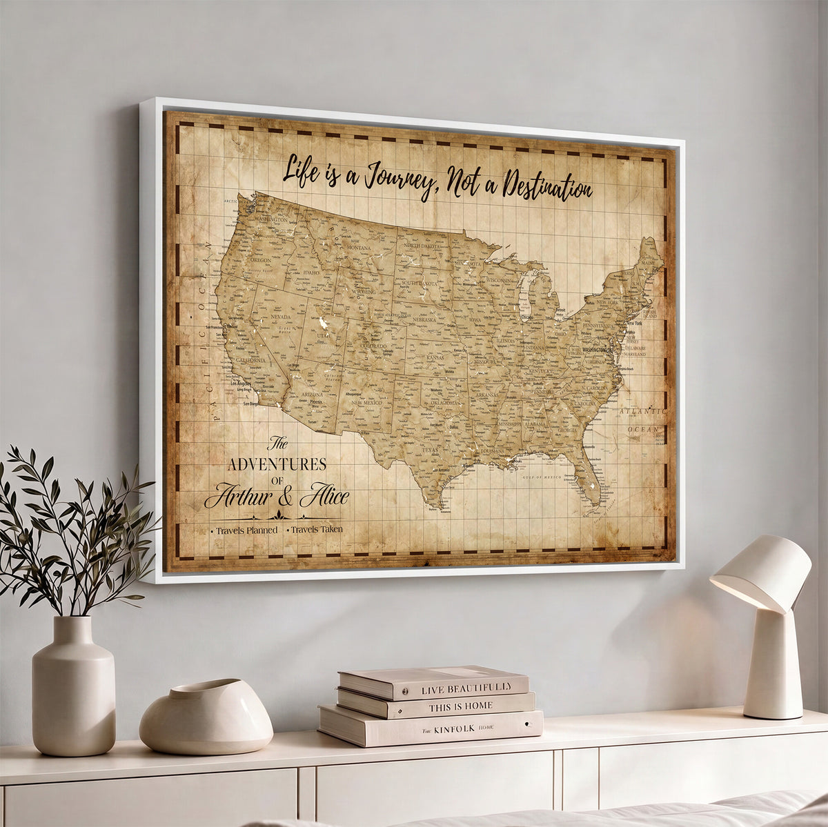 90686209-MGV-CV-36X24 - Custom USA Push Pin Travel Map Canvas Wall Art - Personalized Couples Gift Flat Digital Print