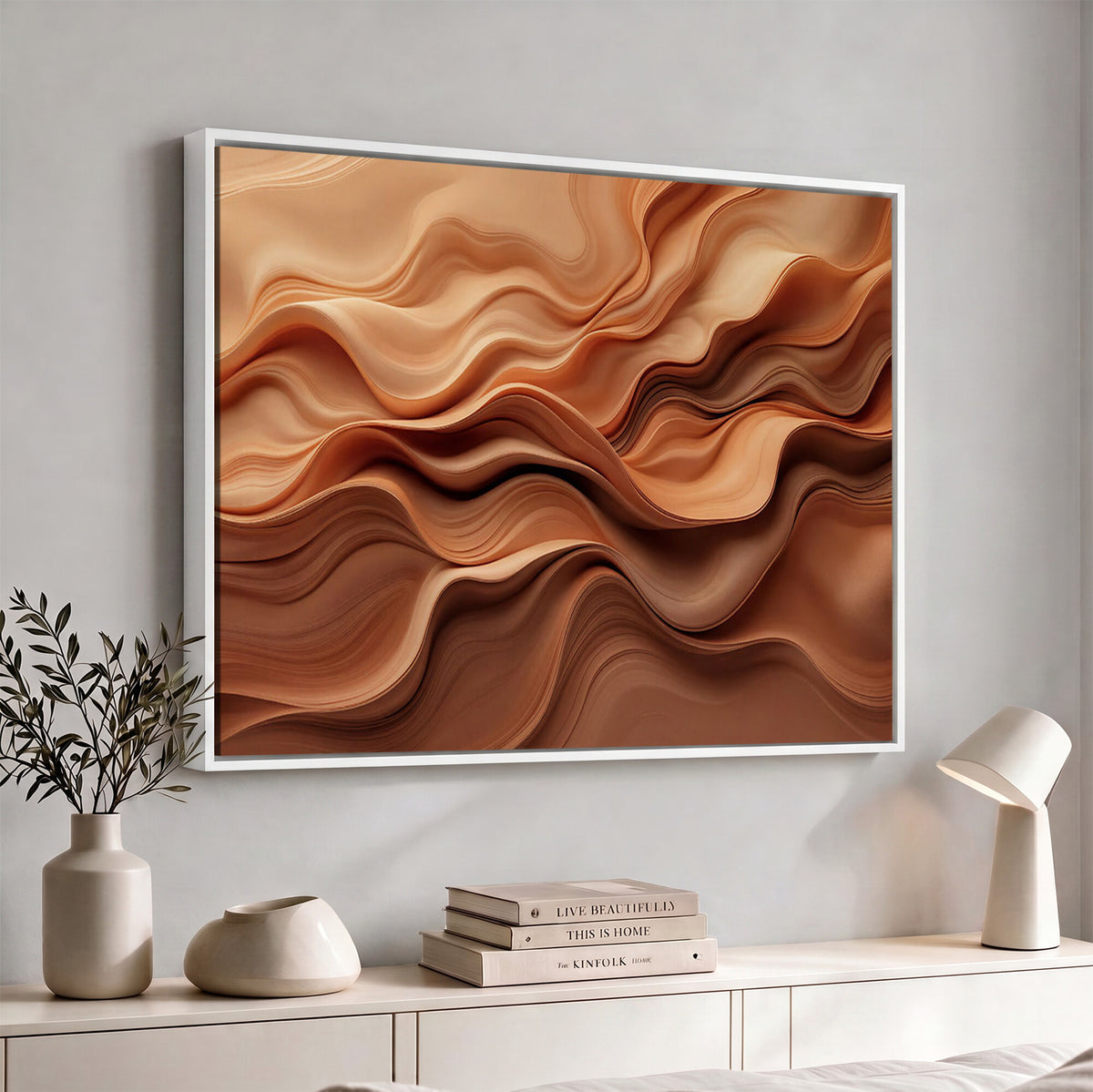 82230697-MGV-CV-36X24 - Modern Abstract Fluid Waves Canvas Wall Art - Minimalist Warm Terracotta Beige Sand Print