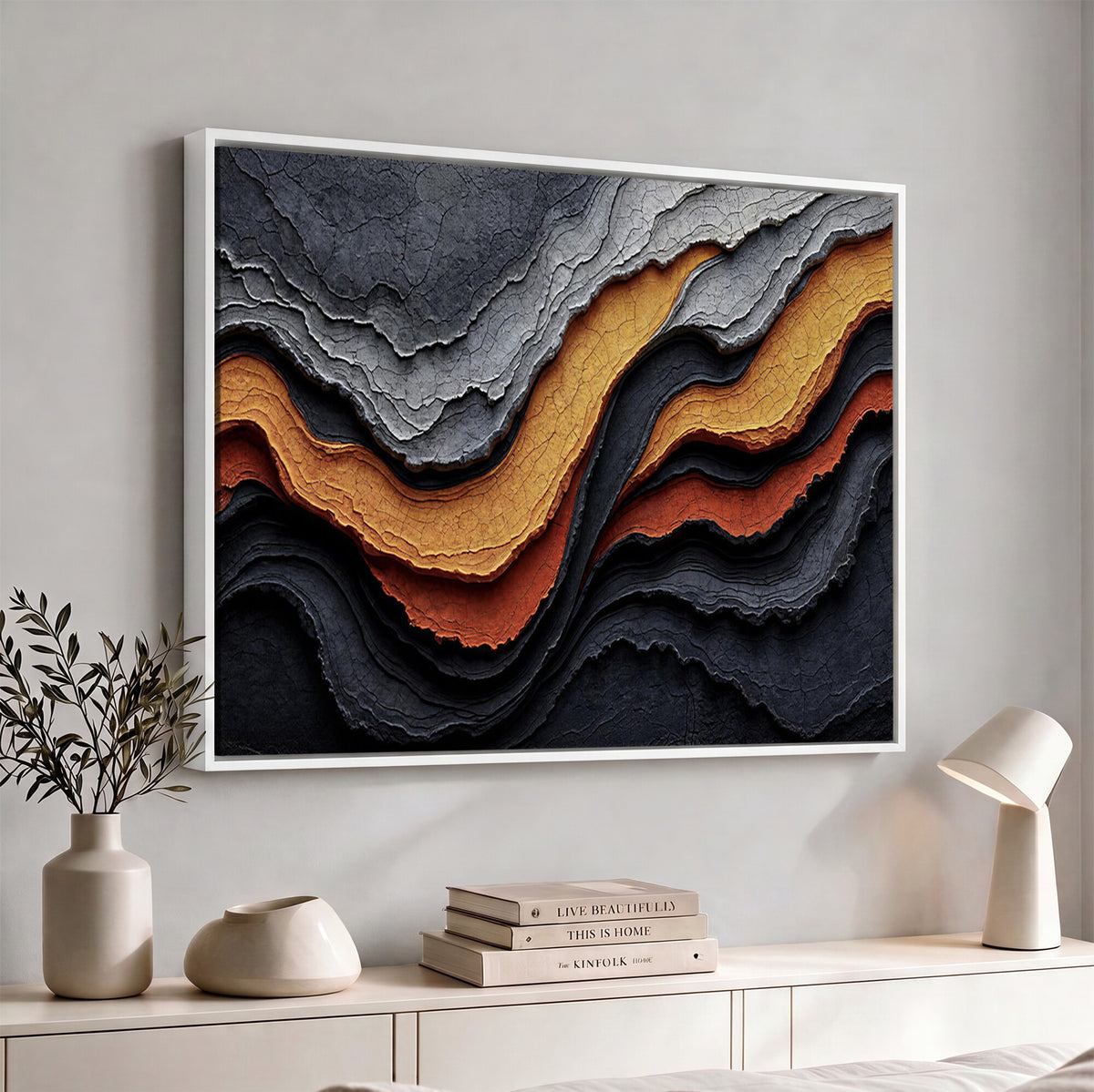 59852489-MGV-CV-36X24 - Abstract Waves Canvas Wall Art - Modern Terracotta and Charcoal Gray Print