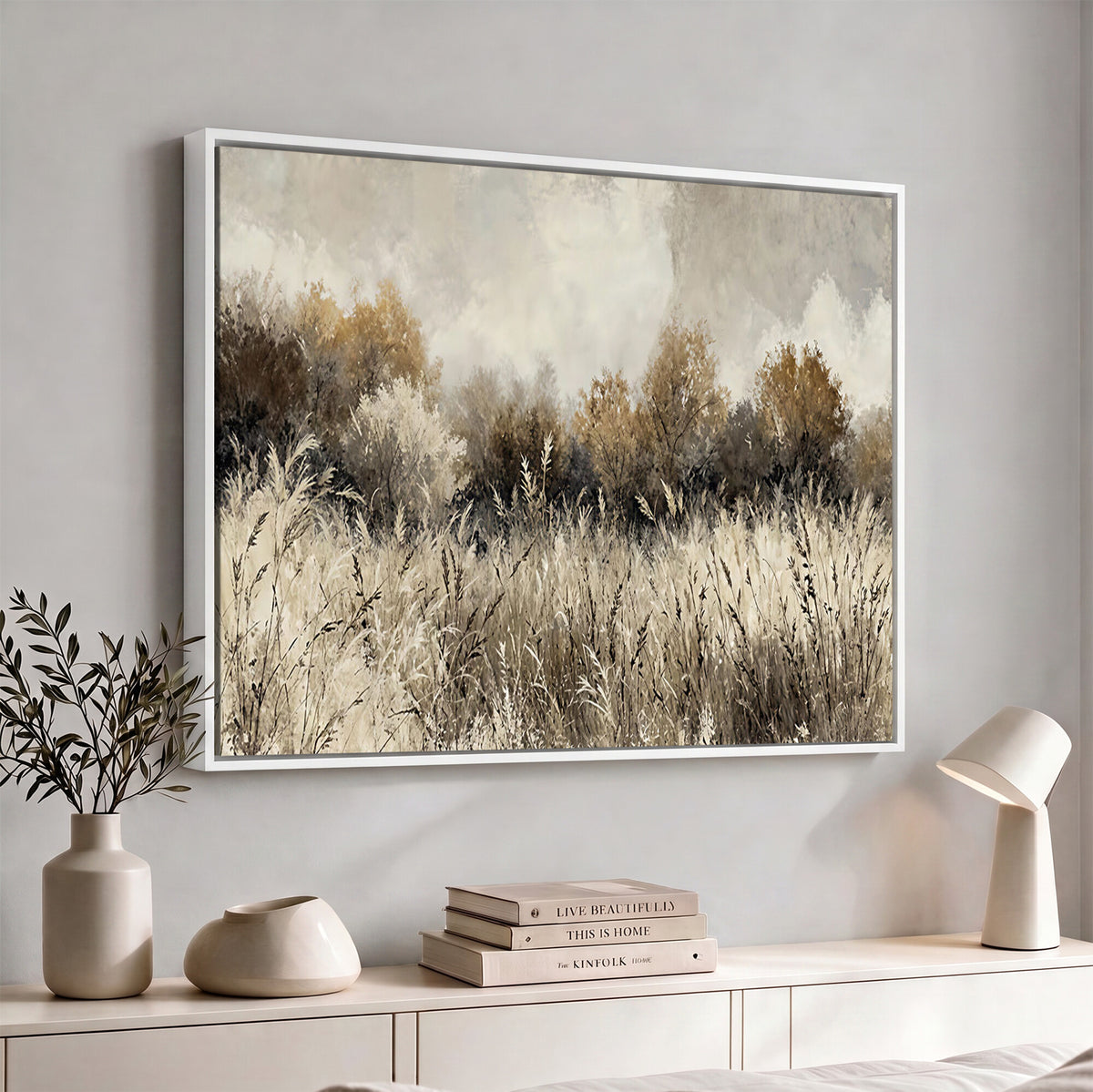 53959945-MGV-TP-30X20 - Muted Neutral Forest Landscape Canvas Wall Art - Vintage Rustic Wildflower Meadow Print