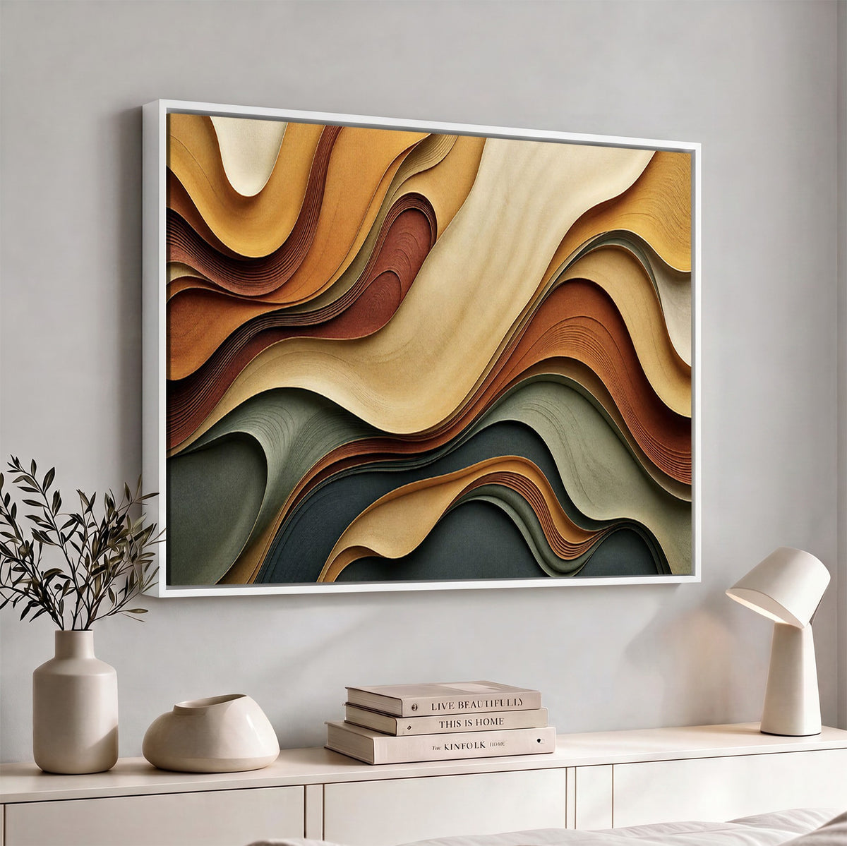19337902-_Poster-30x20 - Modern Abstract Waves Canvas Wall Art - Minimalist Earthy Tone Living Room Decor