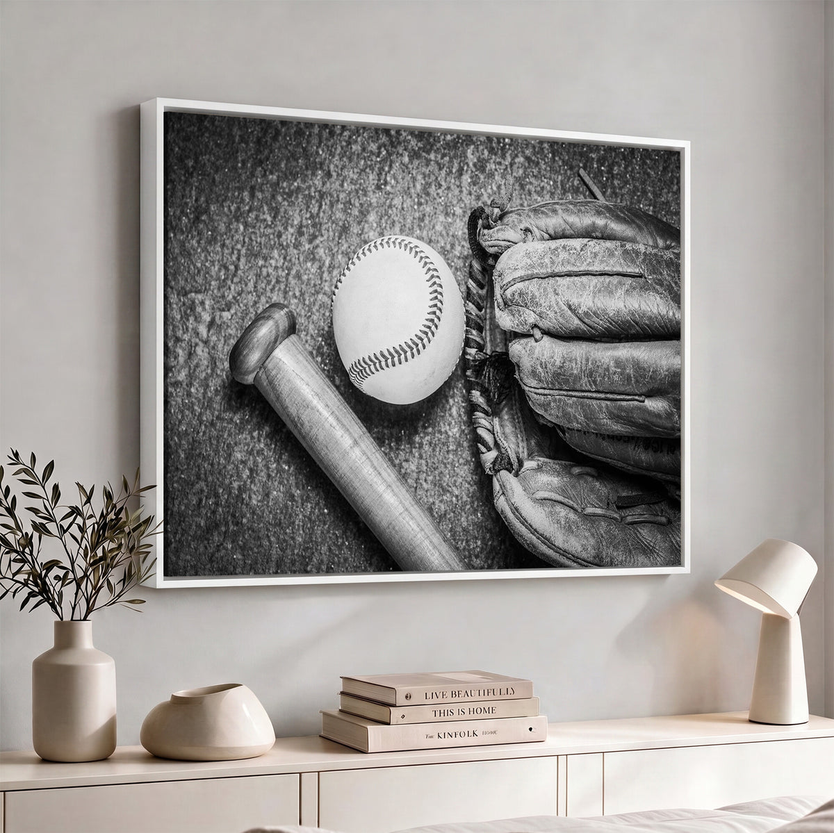 83916D-MGV-CV-36X24 - Vintage Baseball Glove and Bat Sports Wall Art Canvas Print