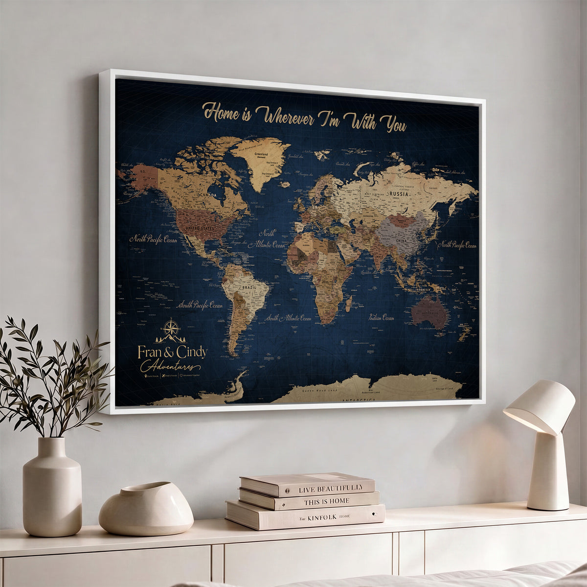 57774467-MGV-CV-36X24 - Custom Push Pin World Map Wall Art Canvas Print – Personalized Travel Tracker with Pins Framed Large for Home and Office Decor