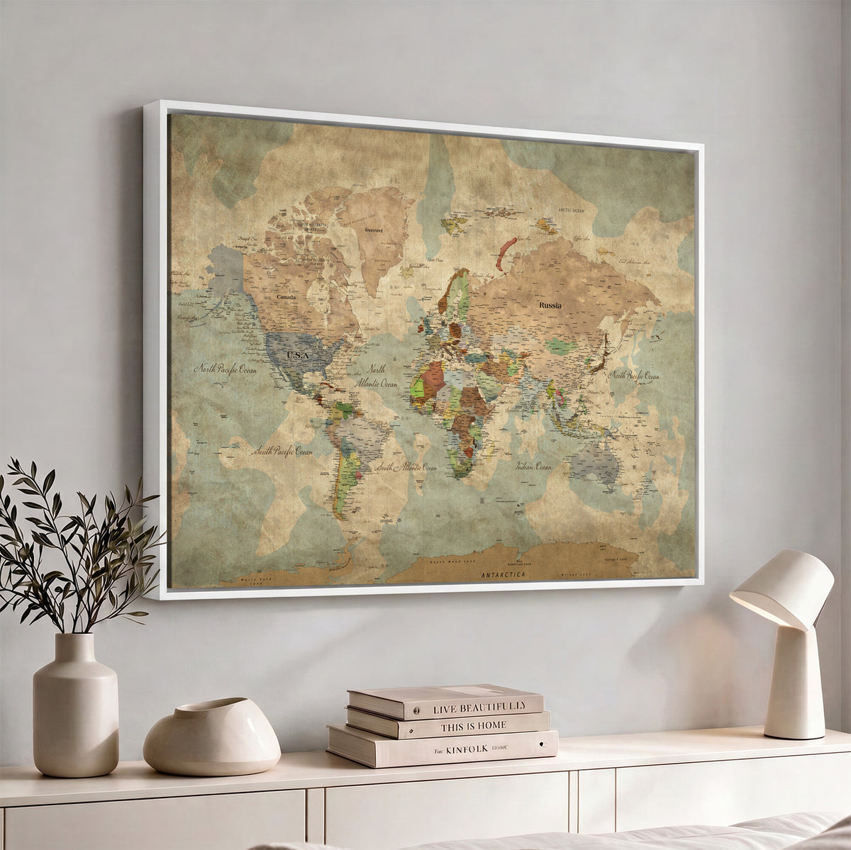 20795898D-MGV-CV-36X24 - Custom Push Pin World Map Wall Art Canvas Print – Personalized Travel Tracker with Pins Framed Large for Home and Office Decor