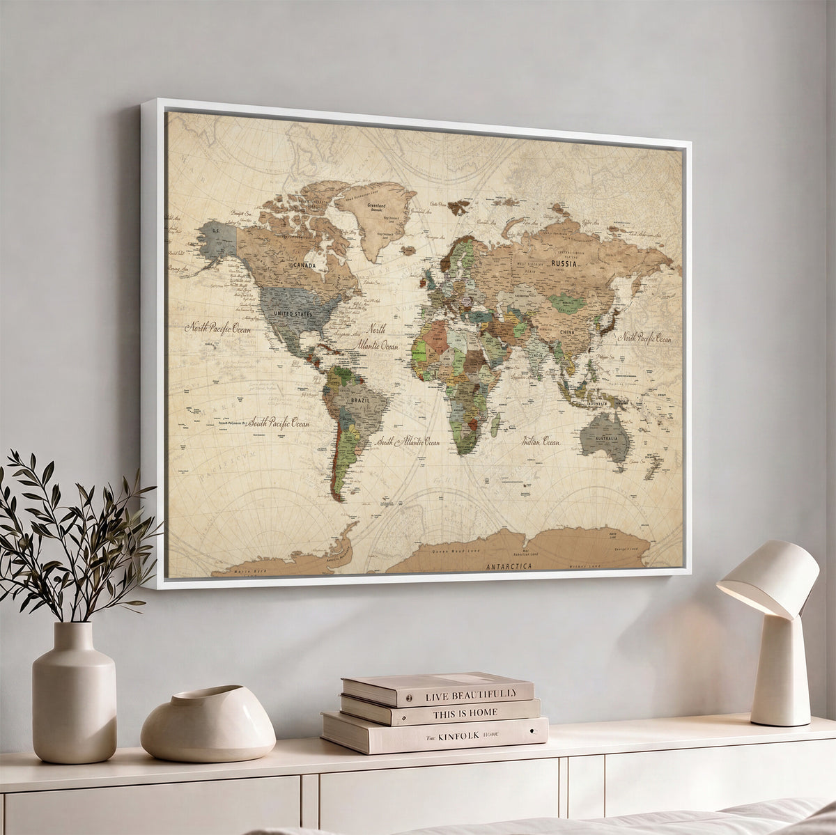 32749414D-MGV-CV-36X24 - Custom Push Pin World Map Wall Art Canvas Print – Personalized Travel Tracker with Pins Framed Large for Home and Office Decor