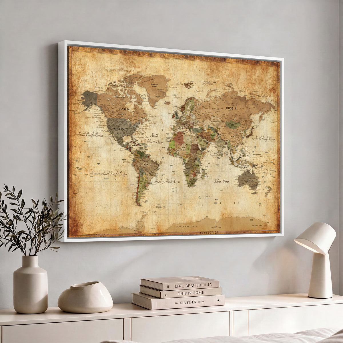 26621467D-MGV-CV-36X24 - Custom Push Pin World Map Wall Art Canvas Print – Personalized Travel Tracker with Pins Framed Large for Home and Office Decor