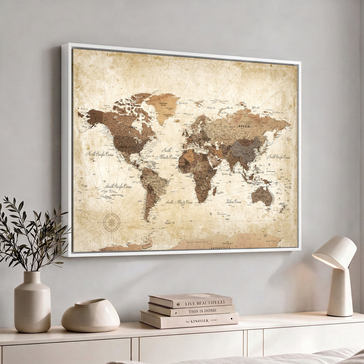 69154703D-MGV-CV-36X24 - Custom Push Pin World Map Wall Art Canvas Print – Personalized Travel Tracker with Pins Framed Large for Home and Office Decor