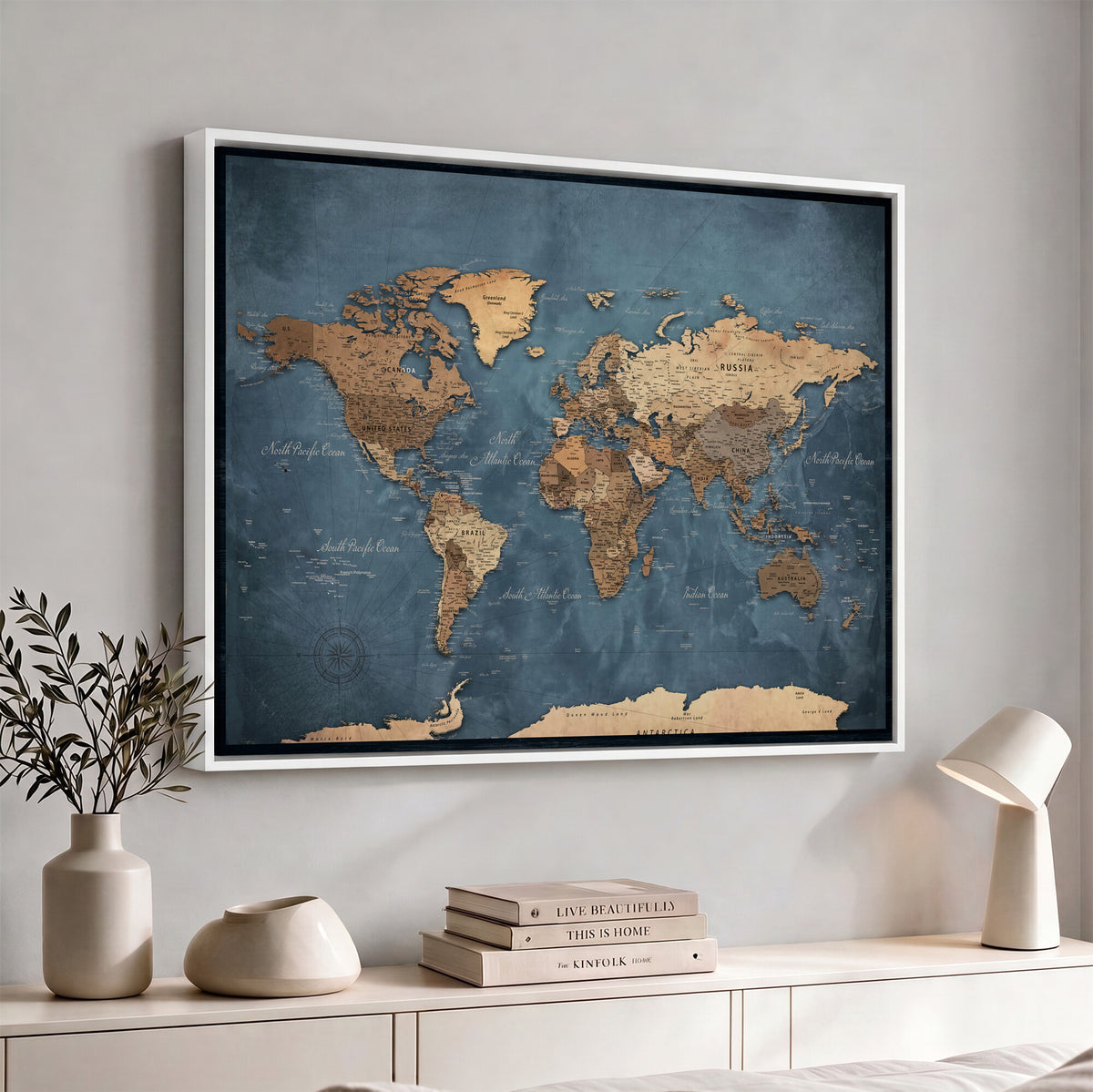 81949666D-MGV-CV-36X24 - Custom Push Pin World Map Wall Art Canvas Print – Personalized Travel Tracker with Pins Framed Large for Home and Office Decor