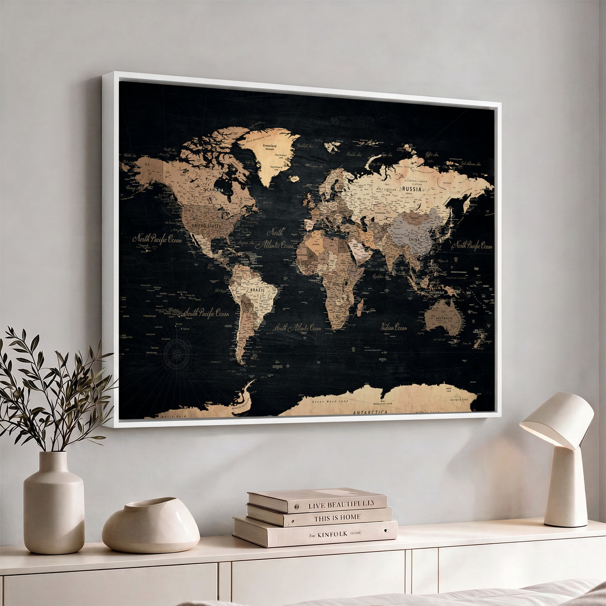 55335455D-MGV-CV-36X24 - Custom Push Pin World Map Wall Art Canvas Print – Personalized Travel Tracker with Pins Framed Large for Home and Office Decor