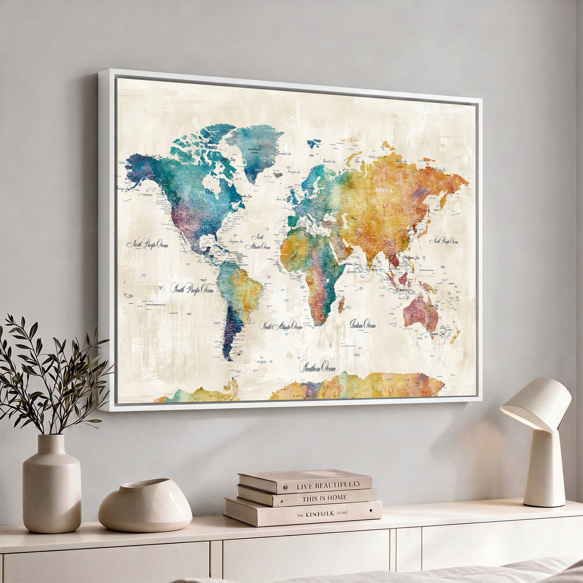 53654999D-MGV-CV-36X24 - Custom Push Pin World Map Wall Art Canvas Print – Personalized Travel Tracker with Pins Framed Large for Home and Office Decor
